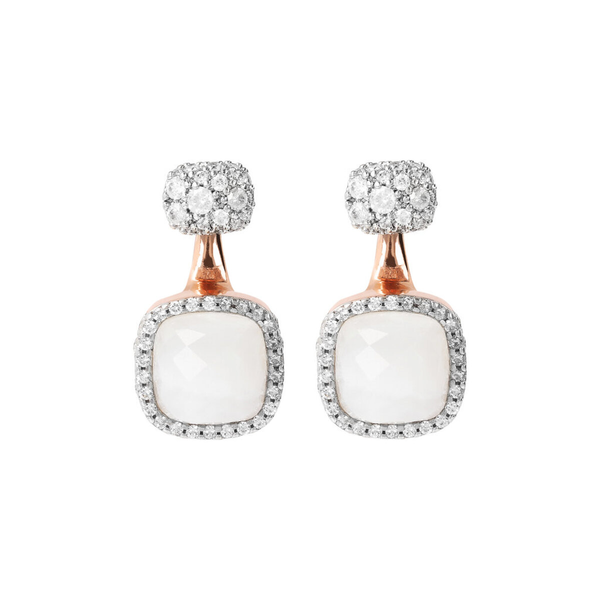 Pendant Earrings with Square White Agate and Pavé