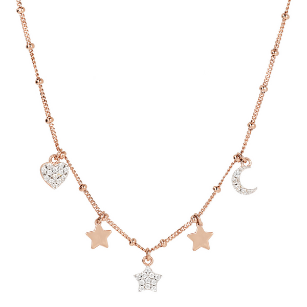Necklace with Golden Rosé Charms and Pavé in Cubic Zirconia