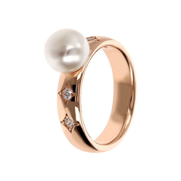Band ring with Étoile and white freshwater button pearl Ø 8 mm