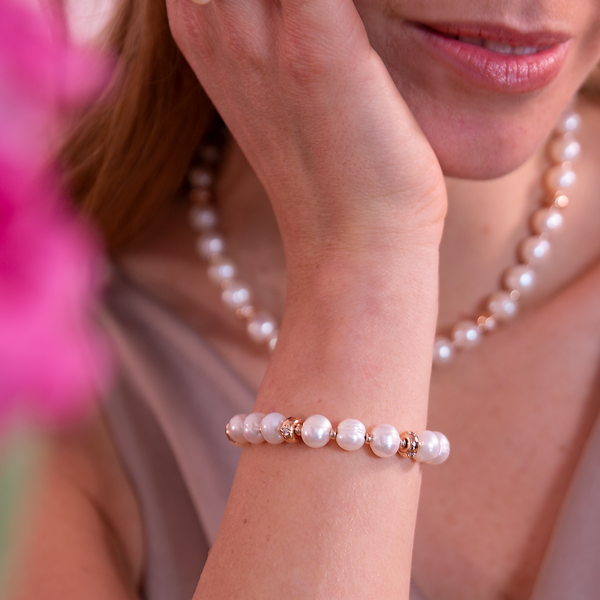 Bracelet avec Rondelle Etoile et Perles d'Eau Douce Blanches Cerclées Ø 8,5/9,5 mm