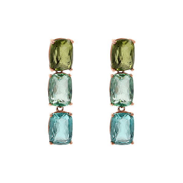Pendant Earrings with Mosaic Cut Green and Blue Prism Gems