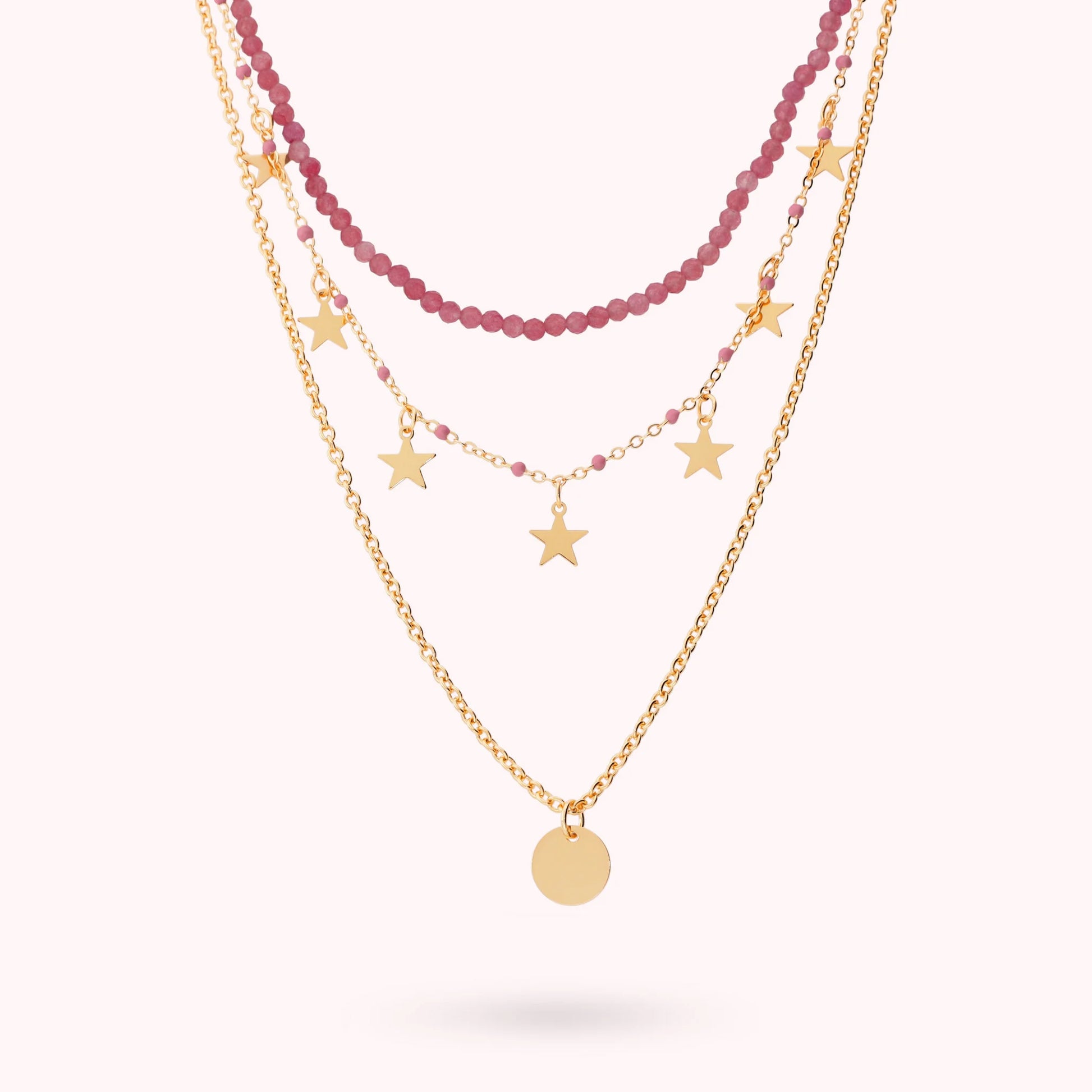 Collier multifils doré avec pendentifs étoile et pierres naturelles