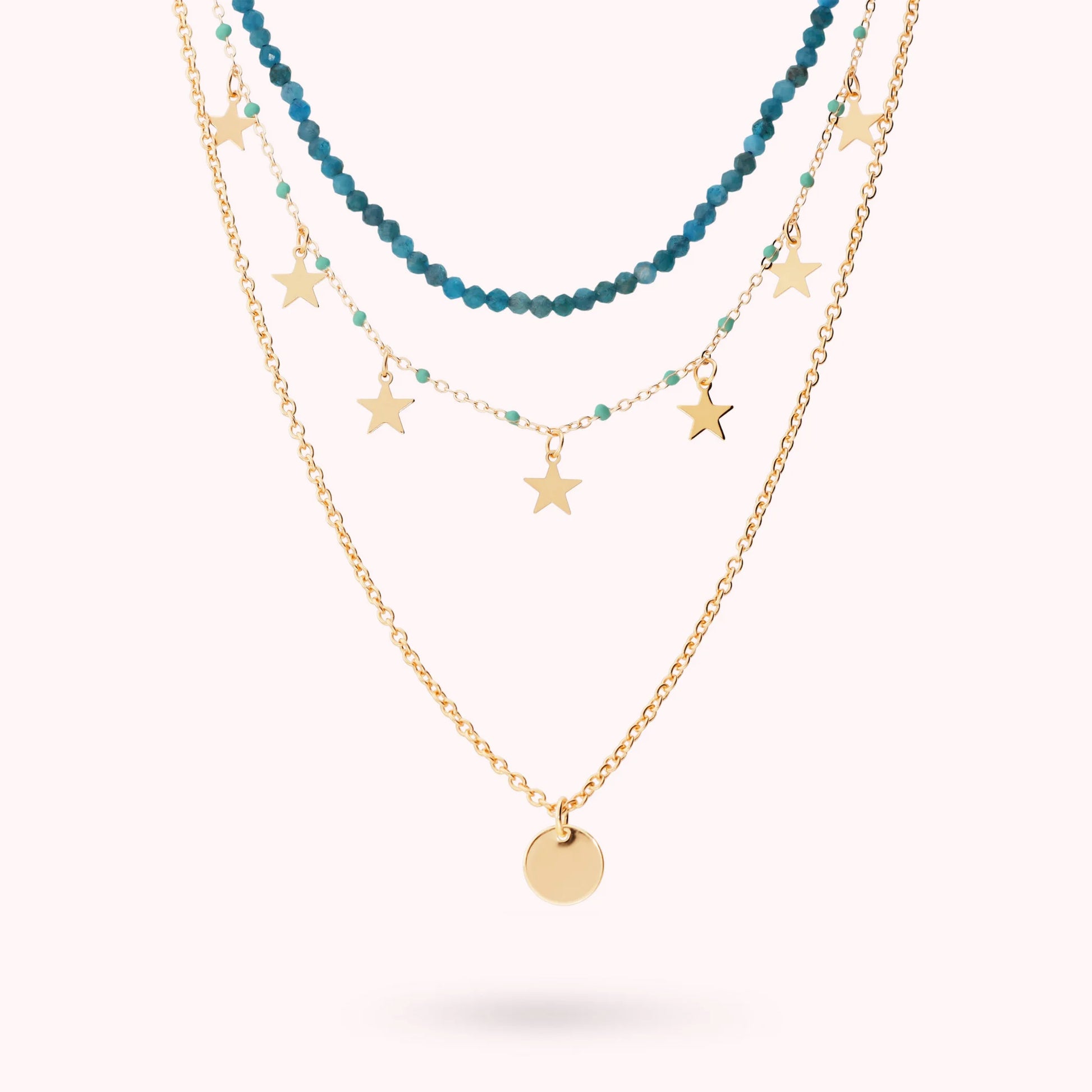 Collier multifils doré avec pendentifs étoile et pierres naturelles
