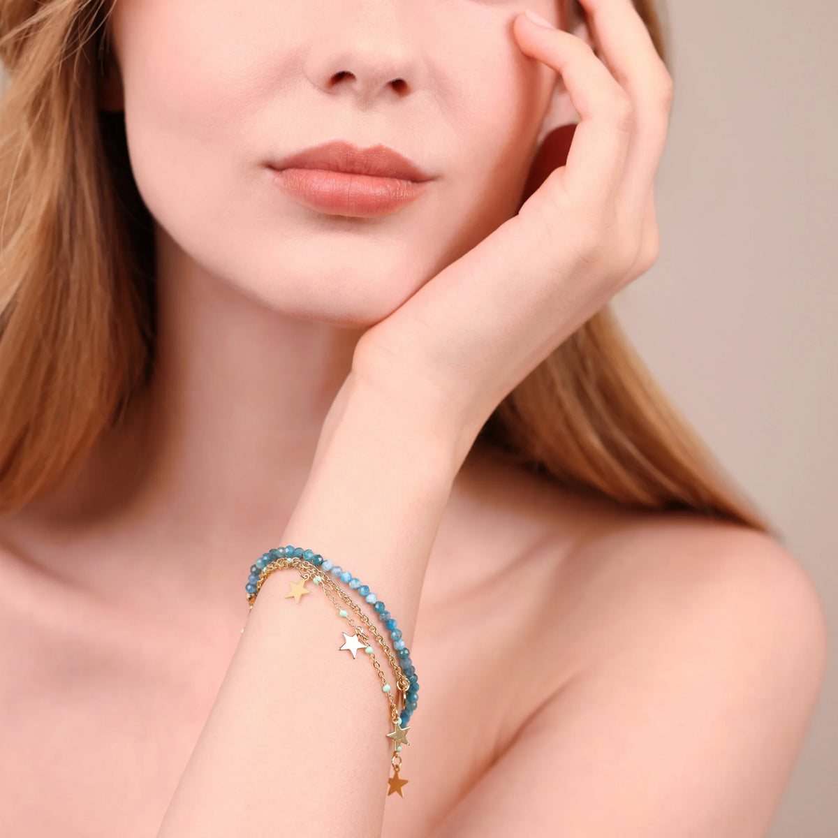 Golden Multistrand Bracelet with Star Pendants and Natural Stones