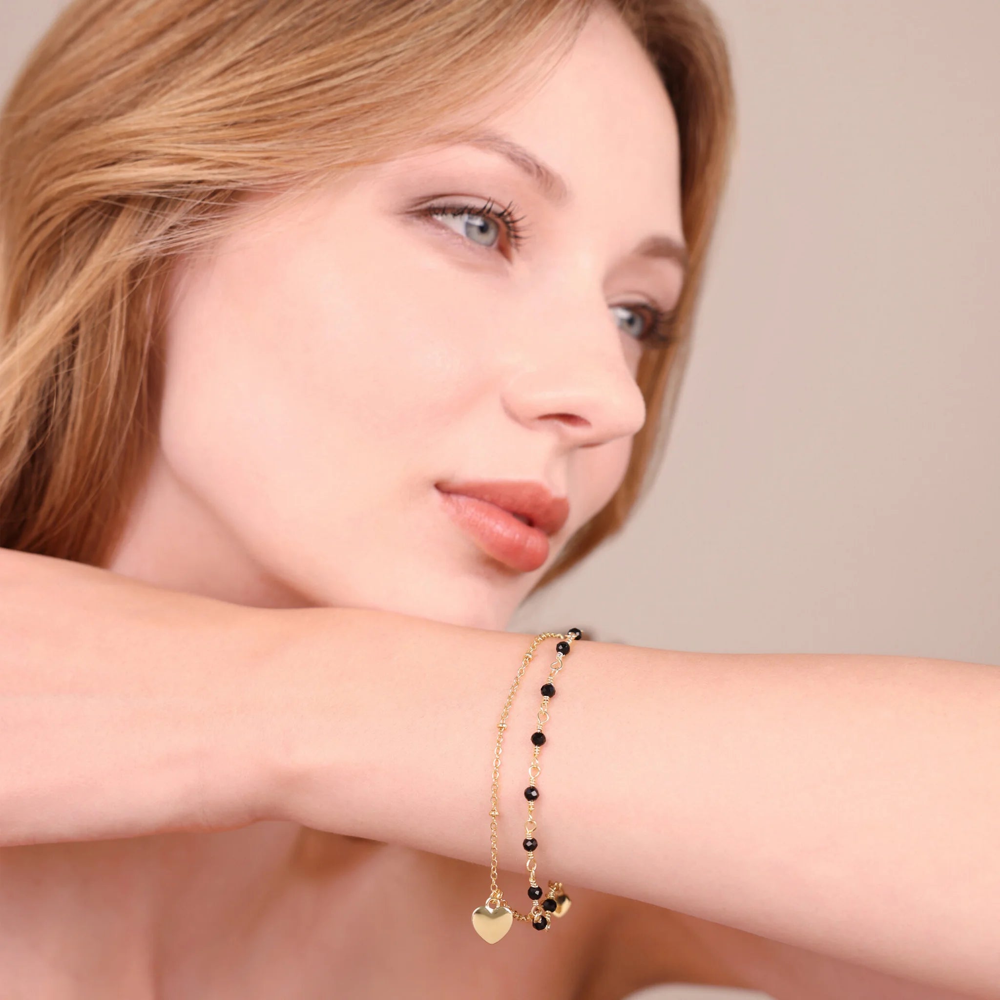 Multifilament Rosary Bracelet with Heart Pendant and Natural Quartzite Stones