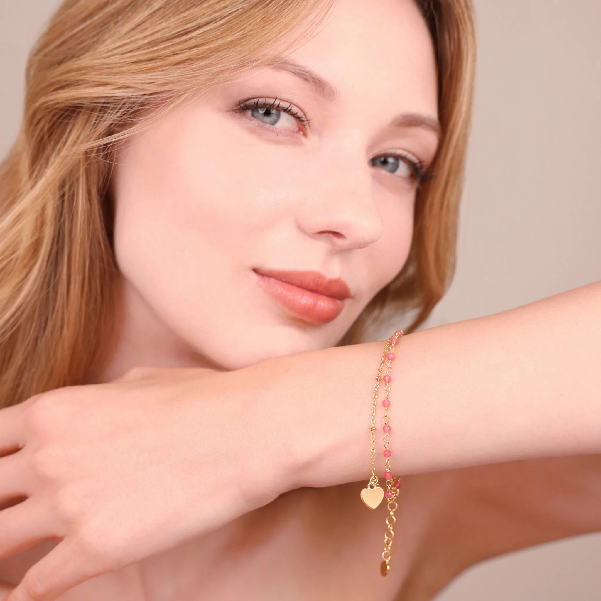 Golden Multistrand Rosary Bracelet with Heart Pendant and Natural Quartzite Stones