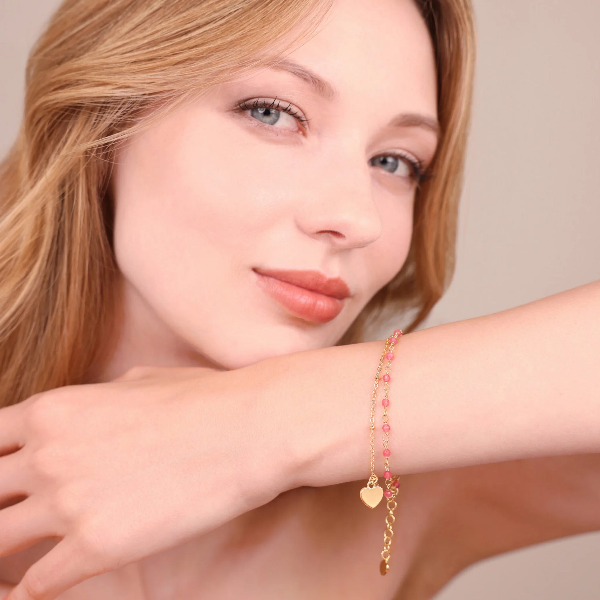 Golden Multistrand Rosary Bracelet with Heart Pendant and Natural Quartzite Stones