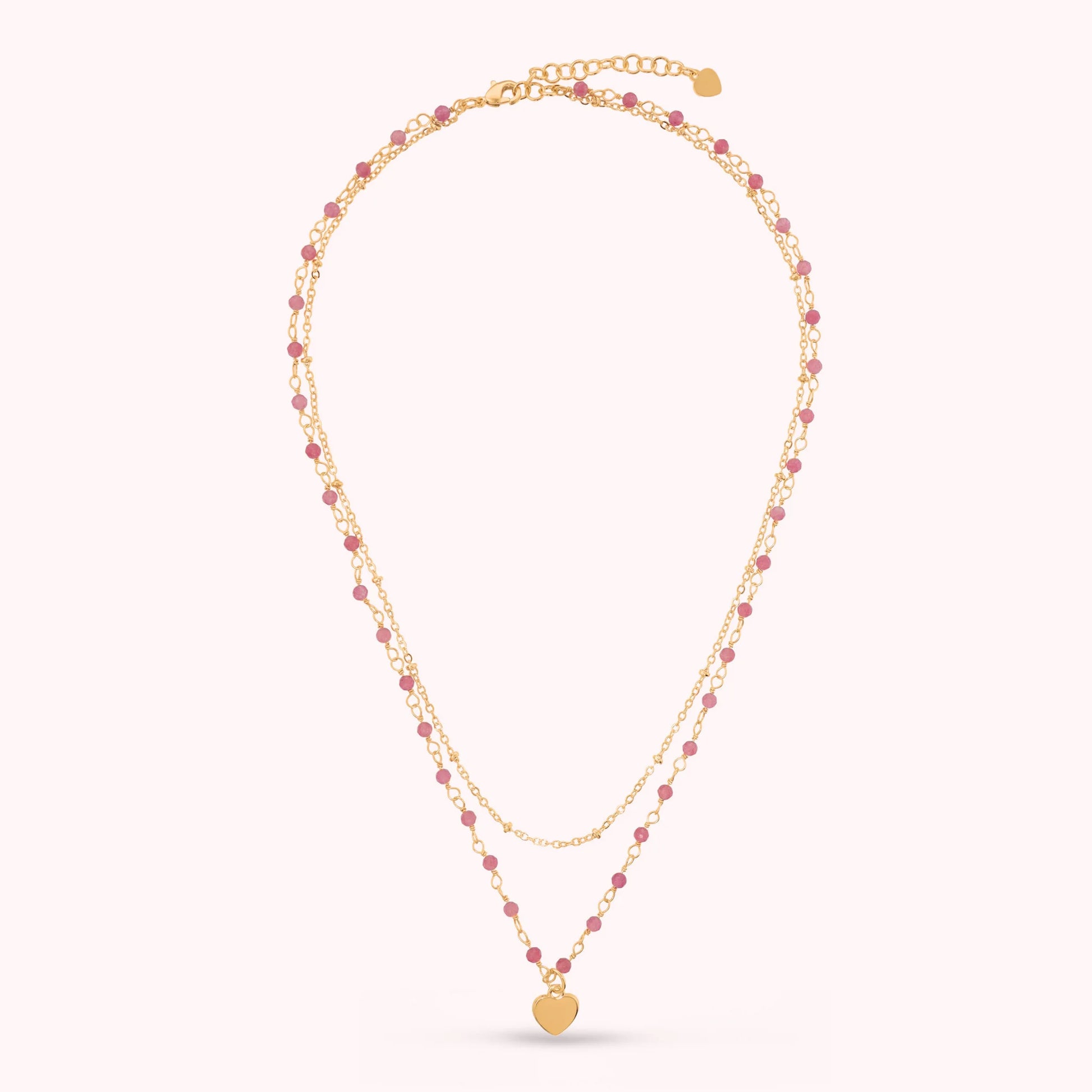 Golden Multistrand Rosary Necklace with Heart Pendant and Natural Quartzite Stones