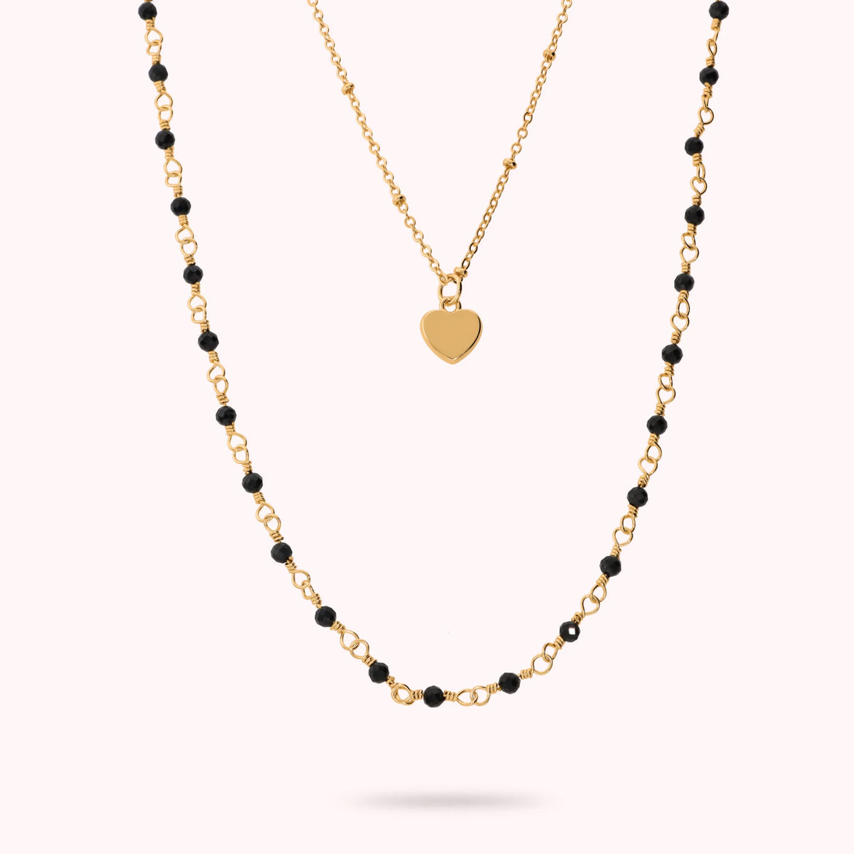 Long collier rosaire doré avec pendentif cœur et pierres naturelles de quartzite