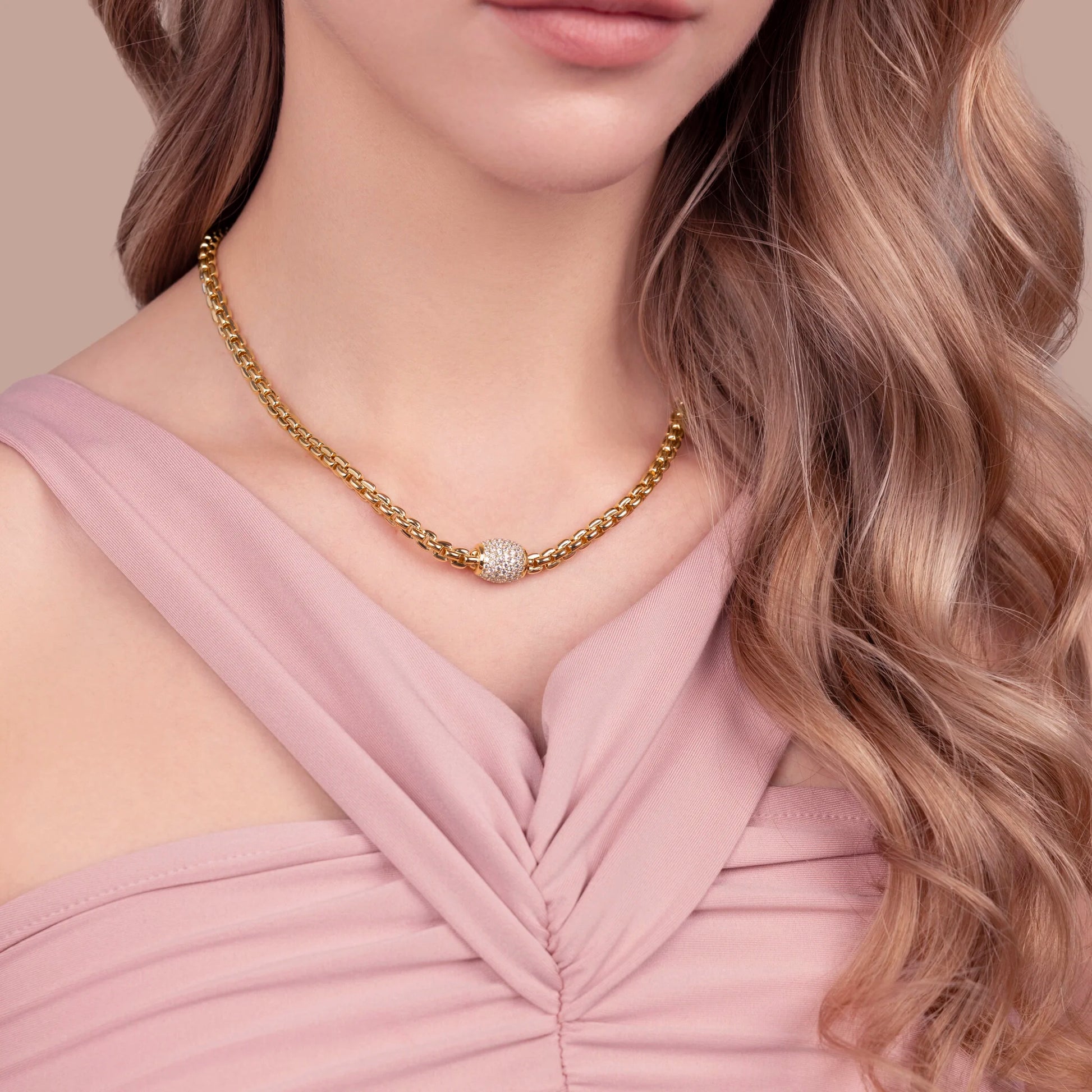 Squared Rolo Chain Necklace with Cubic Zirconia Pavé