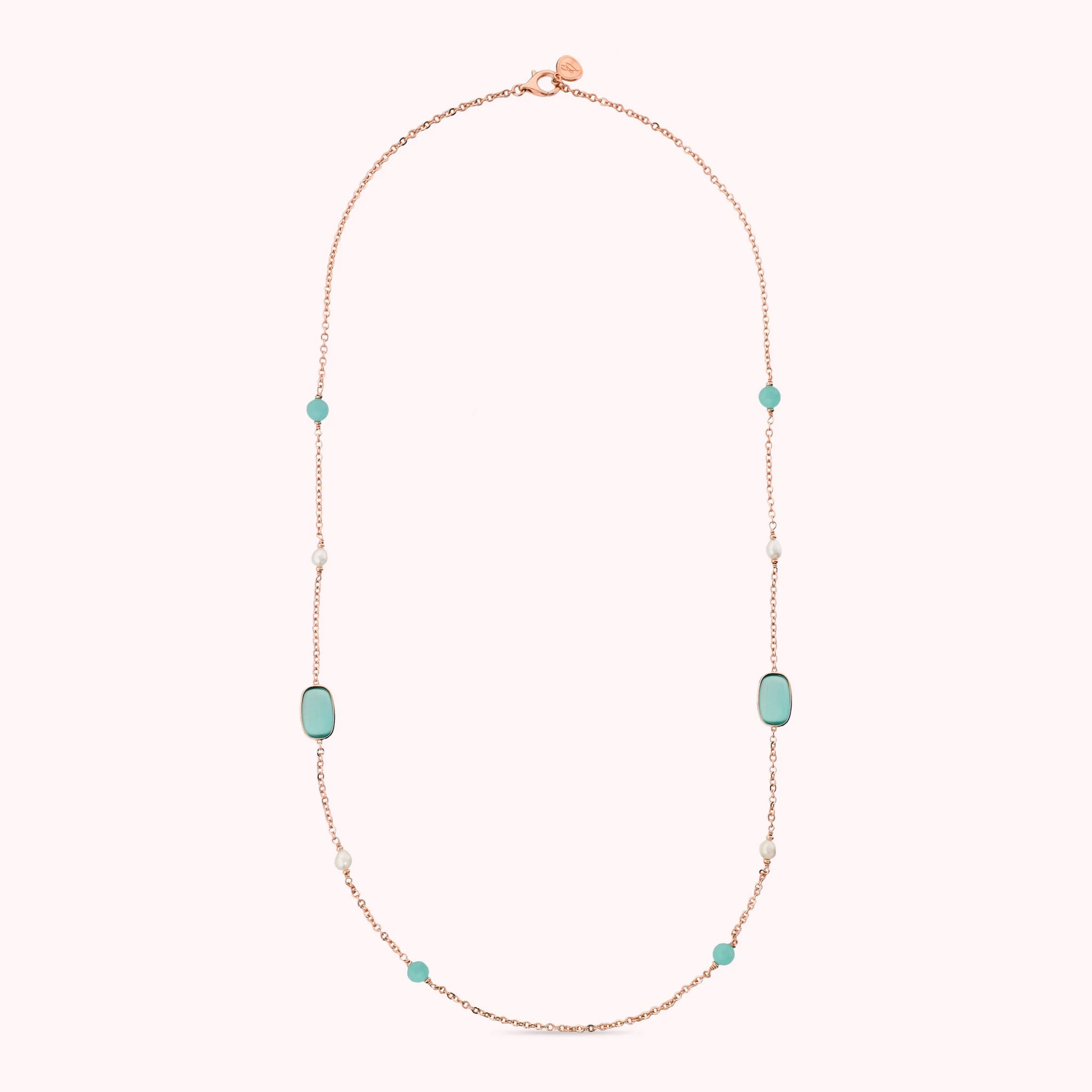 Collana Lunga con Pietre Effetto Occhio di Gatto e Perle d'Acqua Dolce