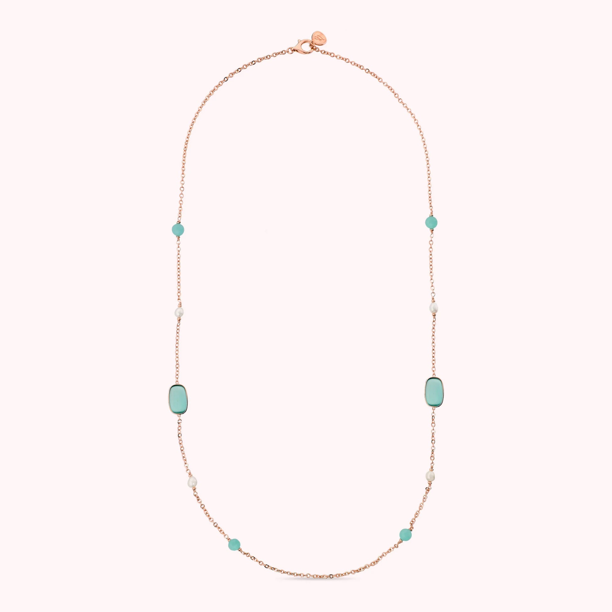 Collana Lunga con Pietre Effetto Occhio di Gatto e Perle d'Acqua Dolce
