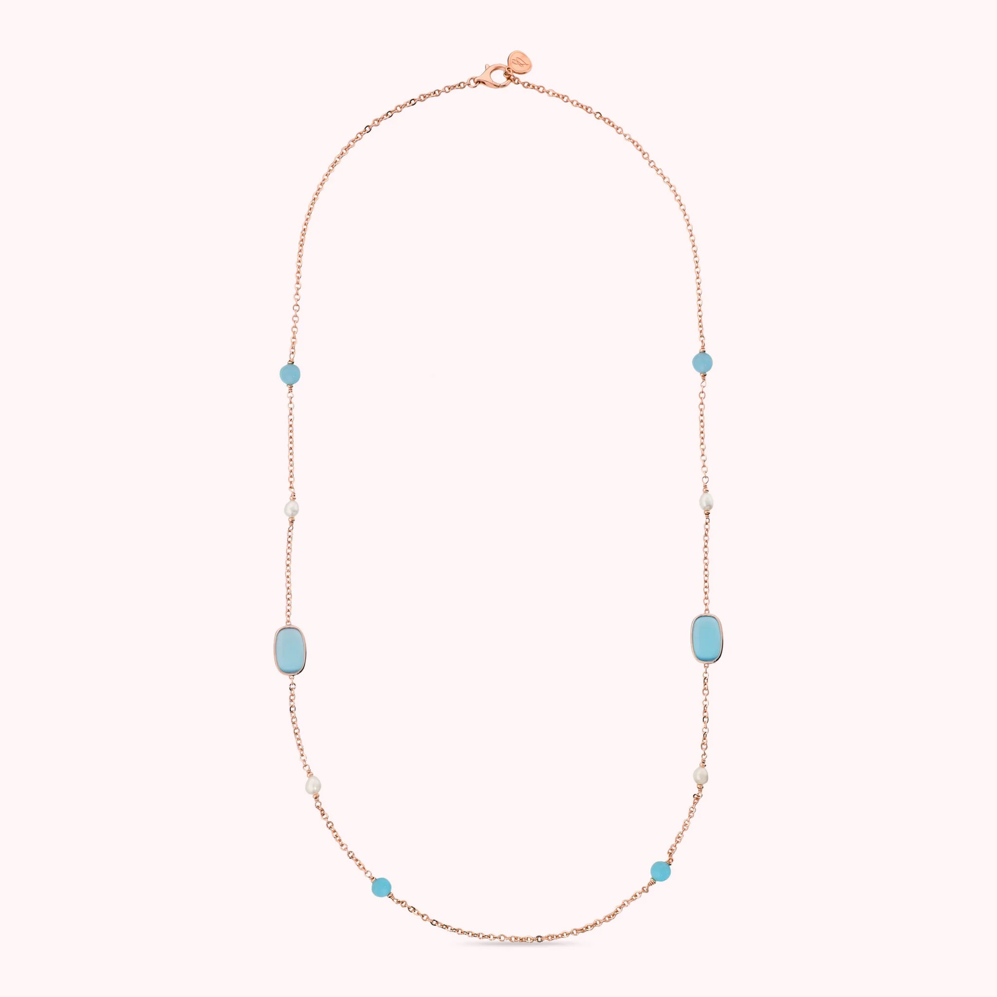 Collana Lunga con Pietre Effetto Occhio di Gatto e Perle d'Acqua Dolce