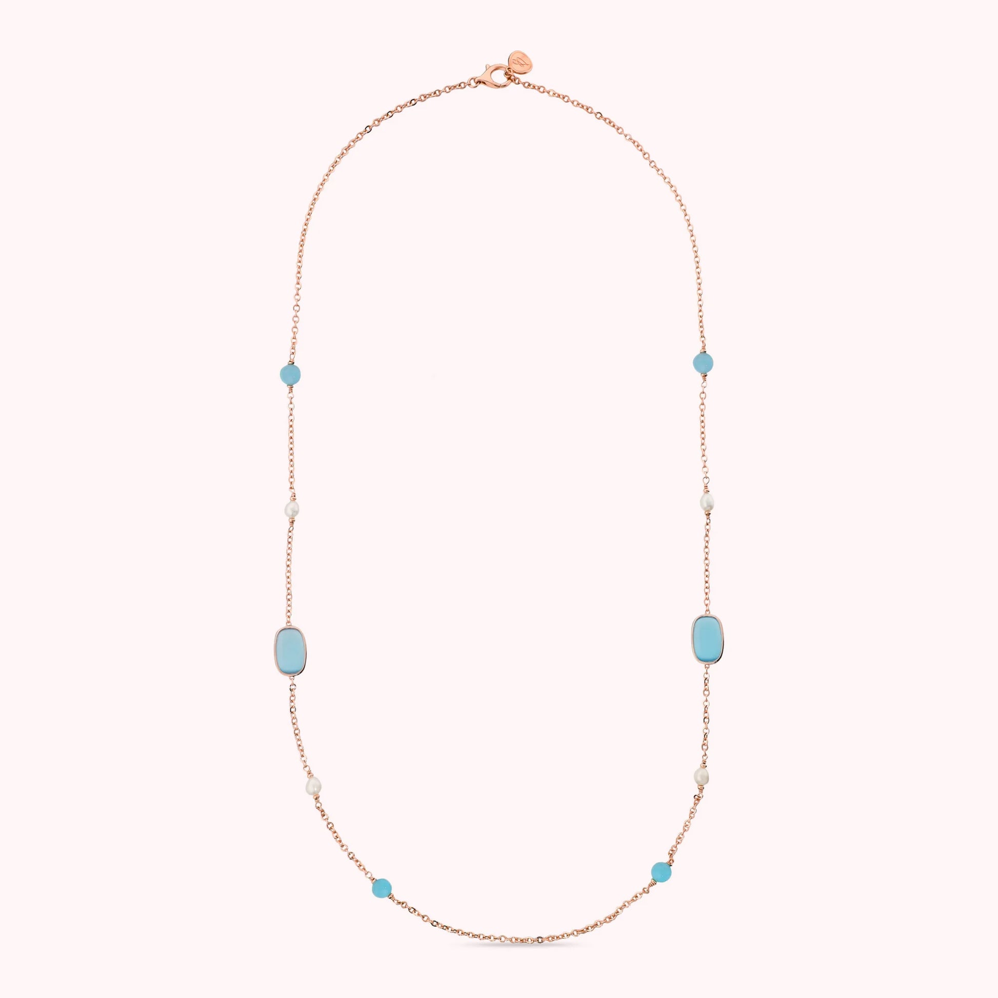 Collana Lunga con Pietre Effetto Occhio di Gatto e Perle d'Acqua Dolce