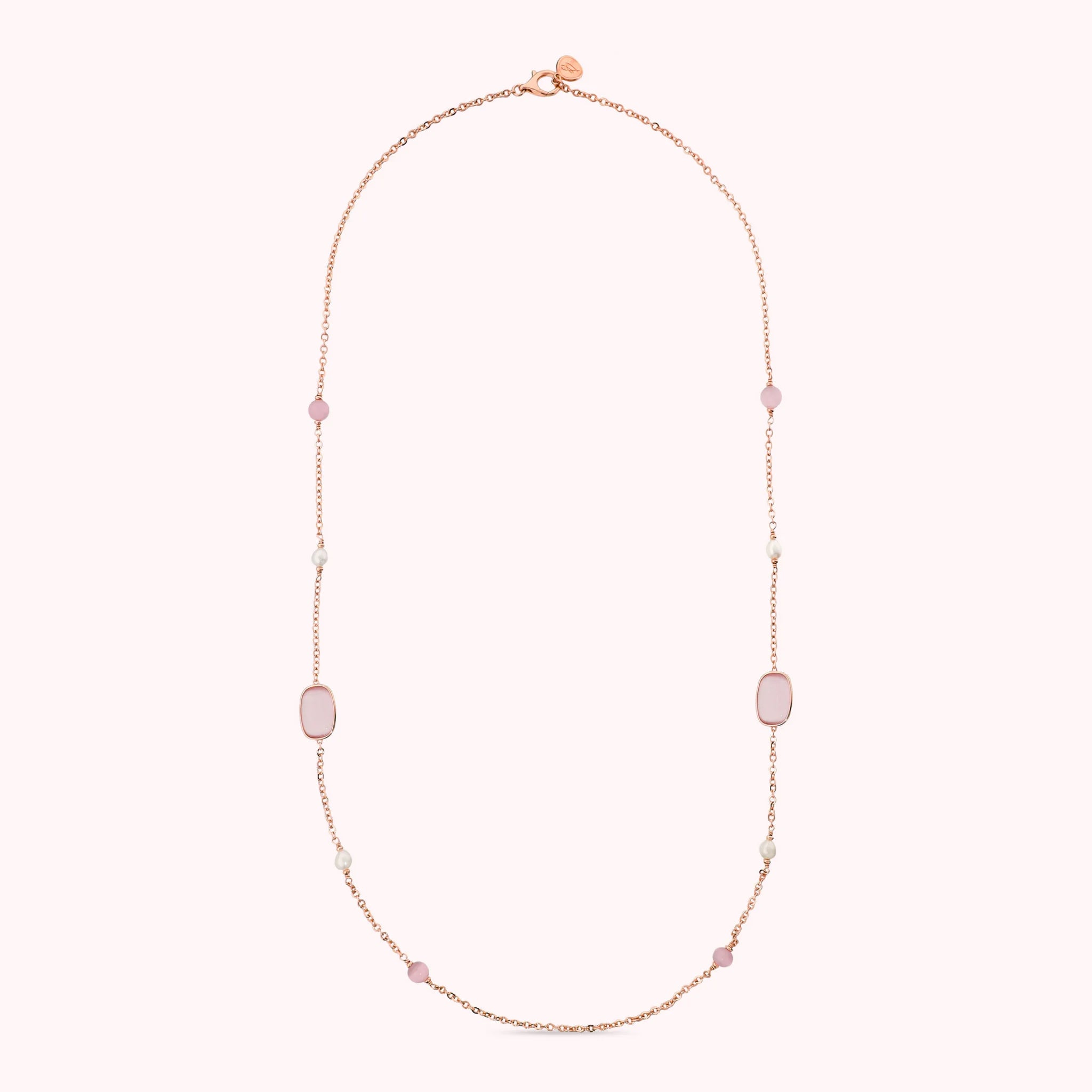 Collana Lunga con Pietre Effetto Occhio di Gatto e Perle d'Acqua Dolce