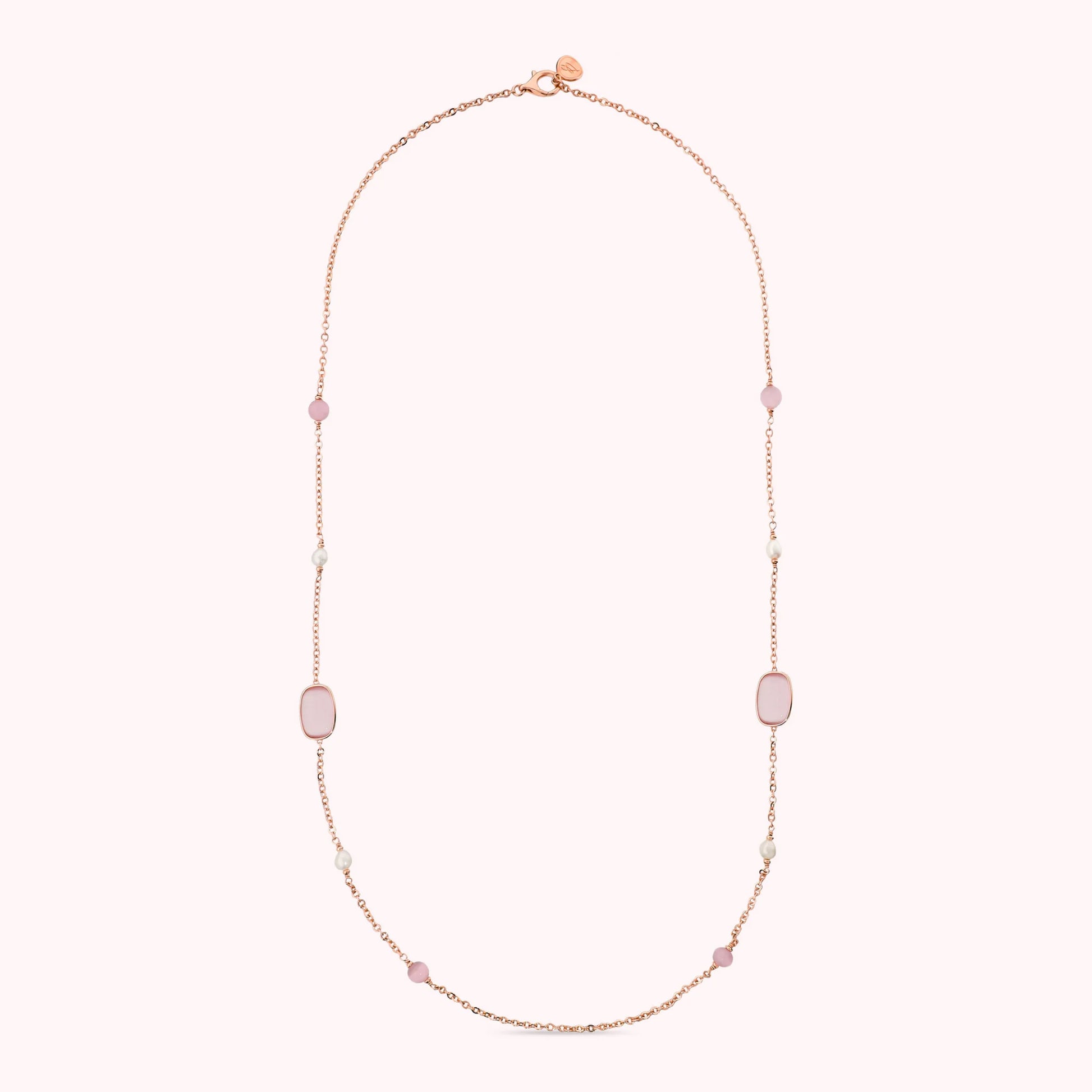 Collana Lunga con Pietre Effetto Occhio di Gatto e Perle d'Acqua Dolce