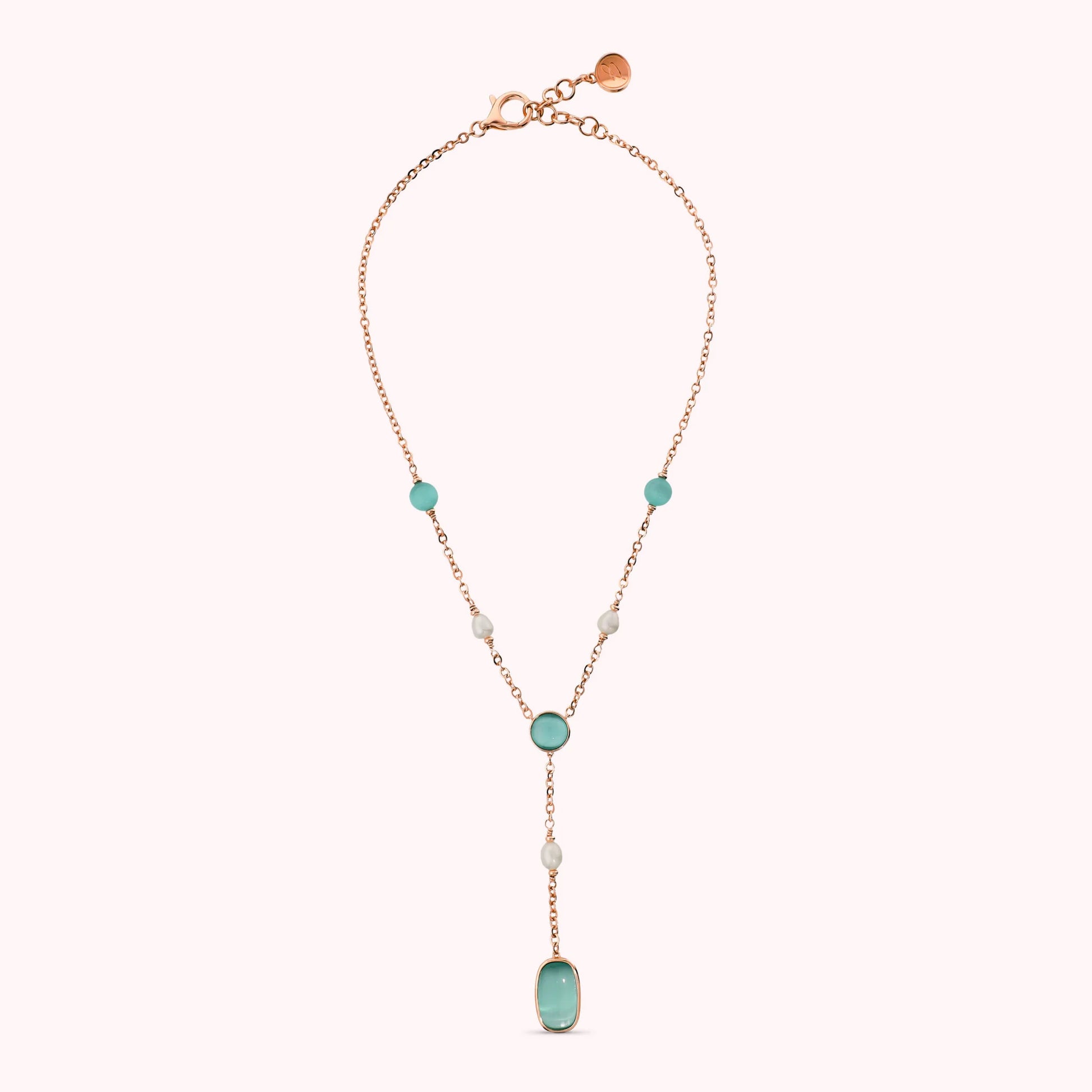 Collana a Cravatta con Pietre Effetto Occhio di Gatto e Perle d'Acqua Dolce