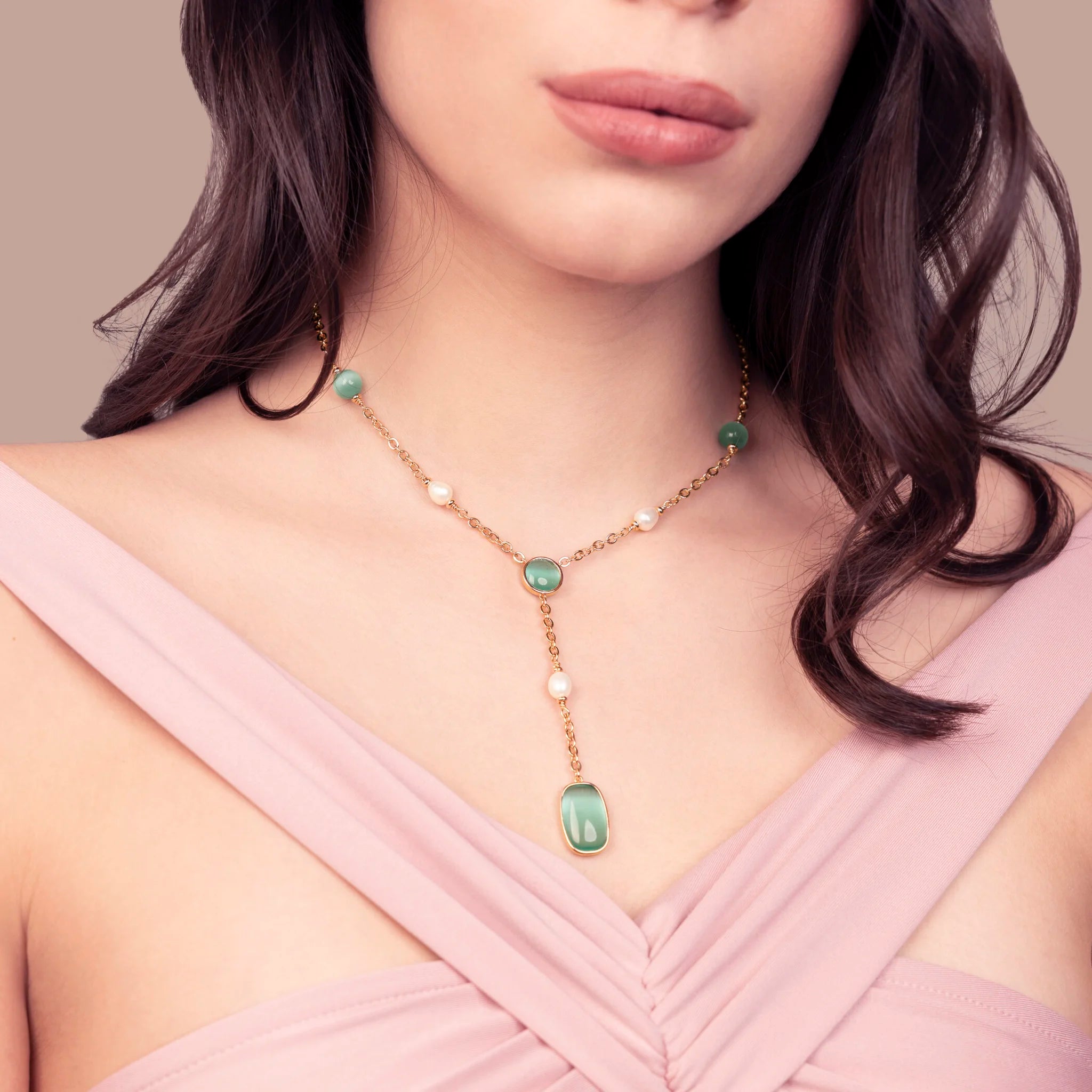 Collana a Cravatta con Pietre Effetto Occhio di Gatto e Perle d'Acqua Dolce