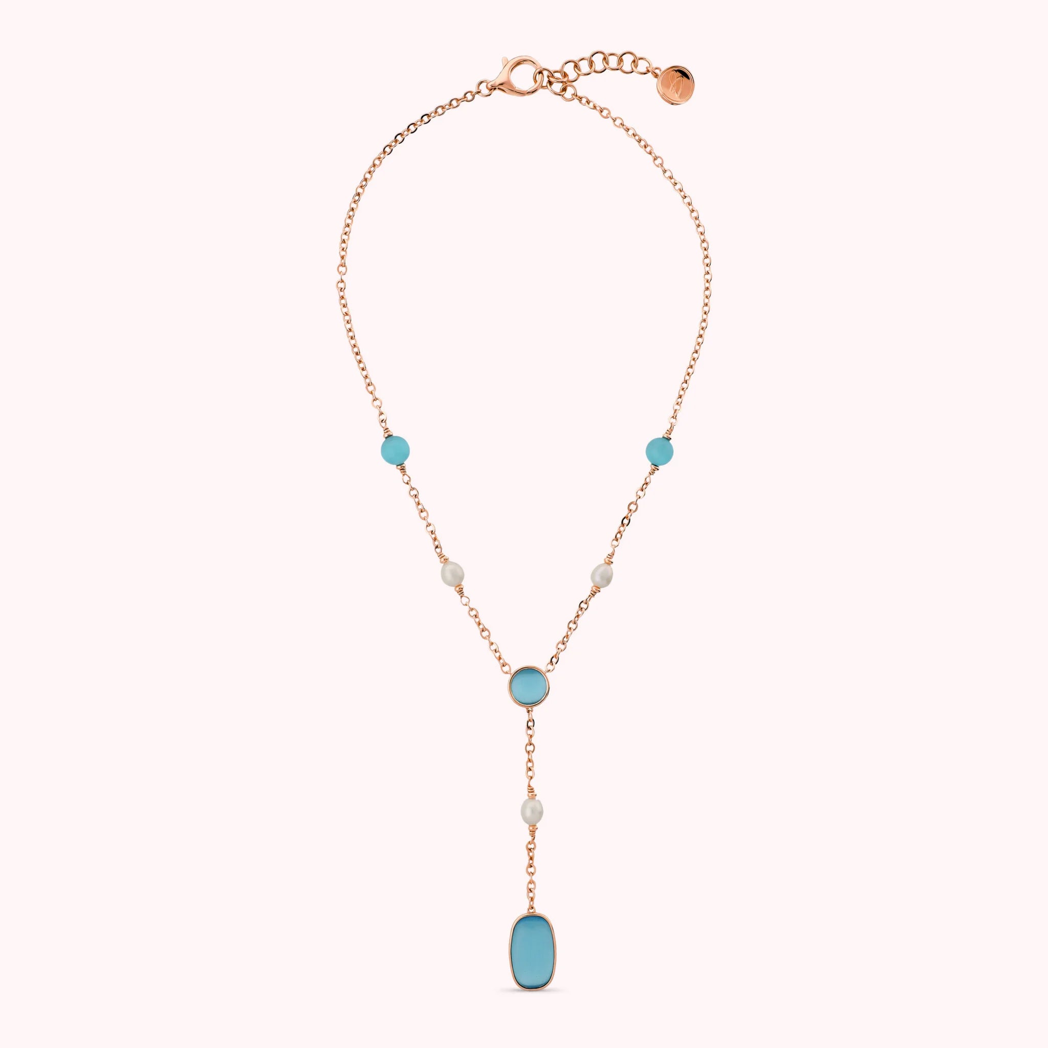 Collana a Cravatta con Pietre Effetto Occhio di Gatto e Perle d'Acqua Dolce