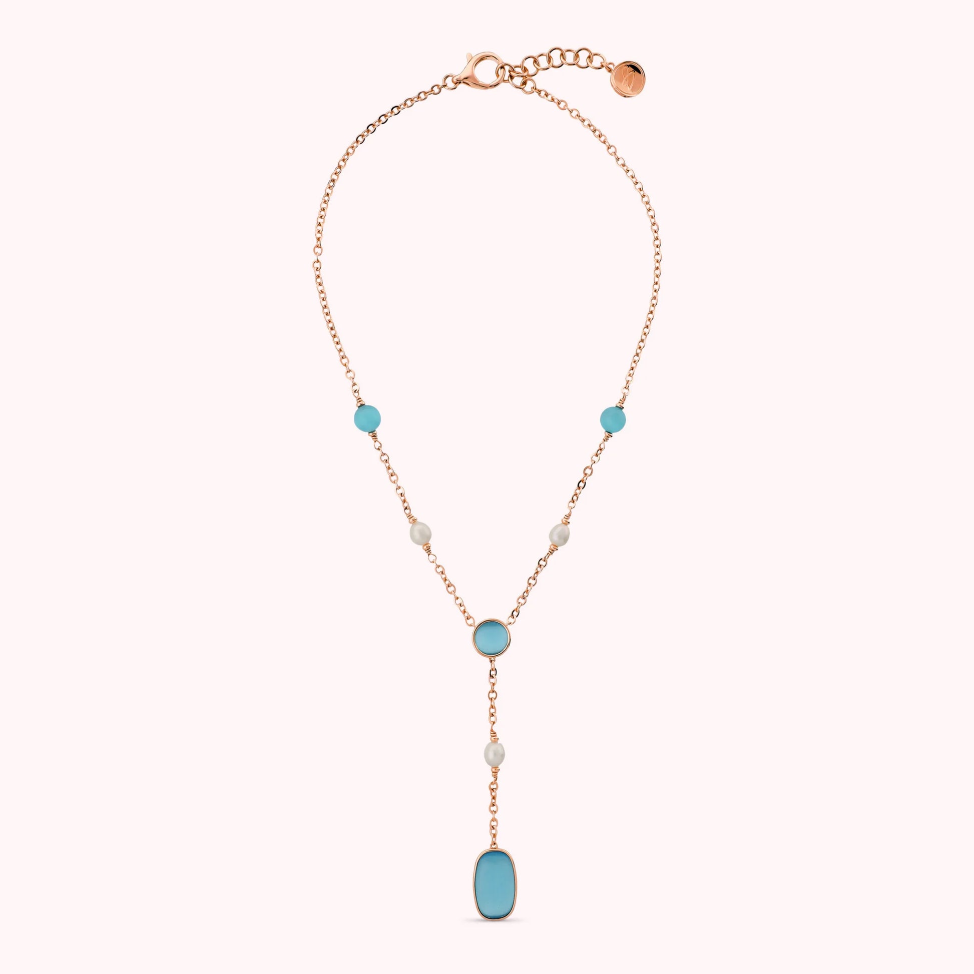 Collana a Cravatta con Pietre Effetto Occhio di Gatto e Perle d'Acqua Dolce