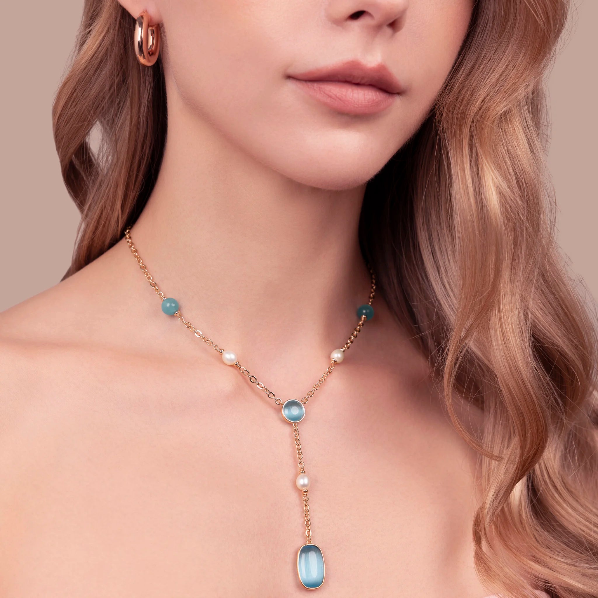 Collana a Cravatta con Pietre Effetto Occhio di Gatto e Perle d'Acqua Dolce
