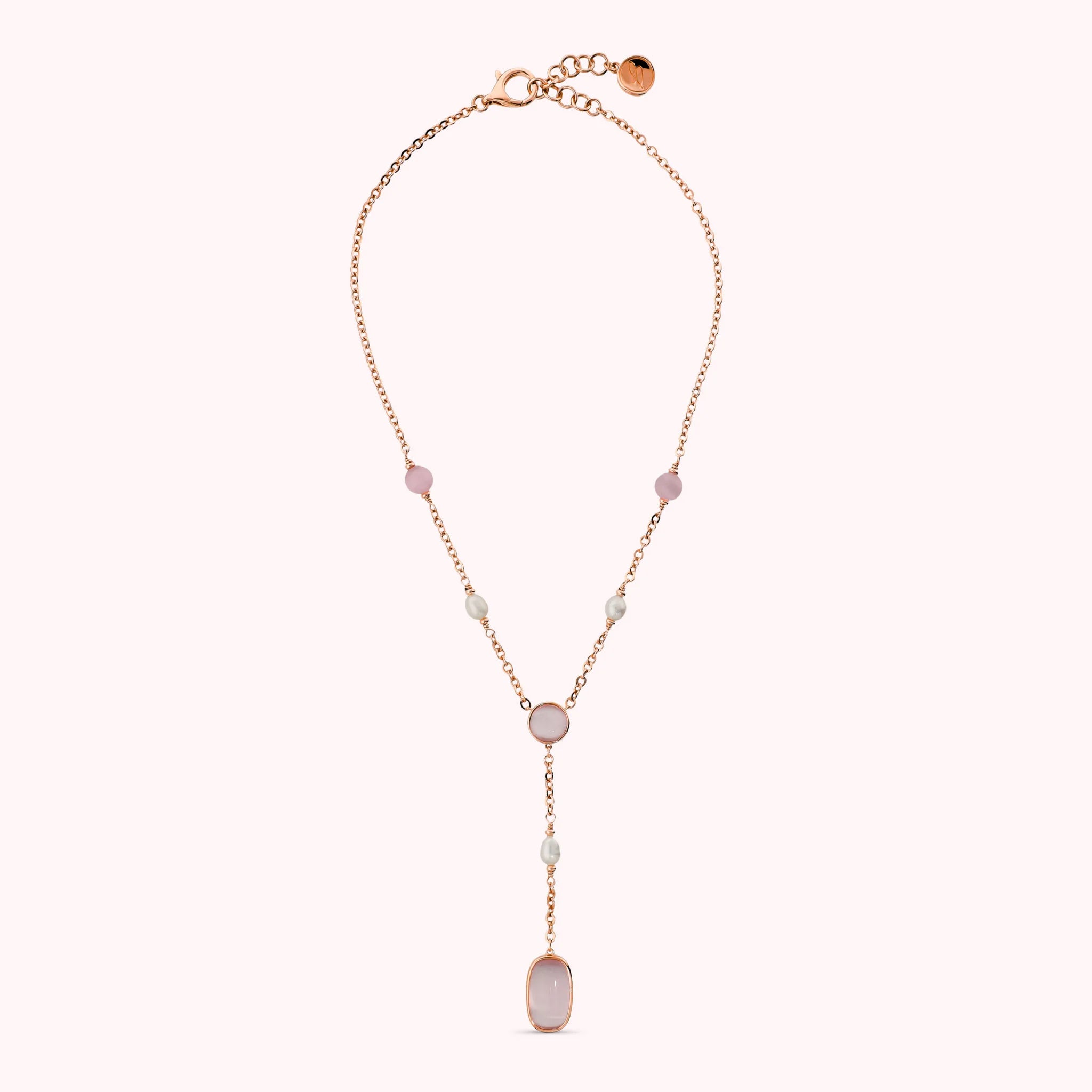 Collana a Cravatta con Pietre Effetto Occhio di Gatto e Perle d'Acqua Dolce