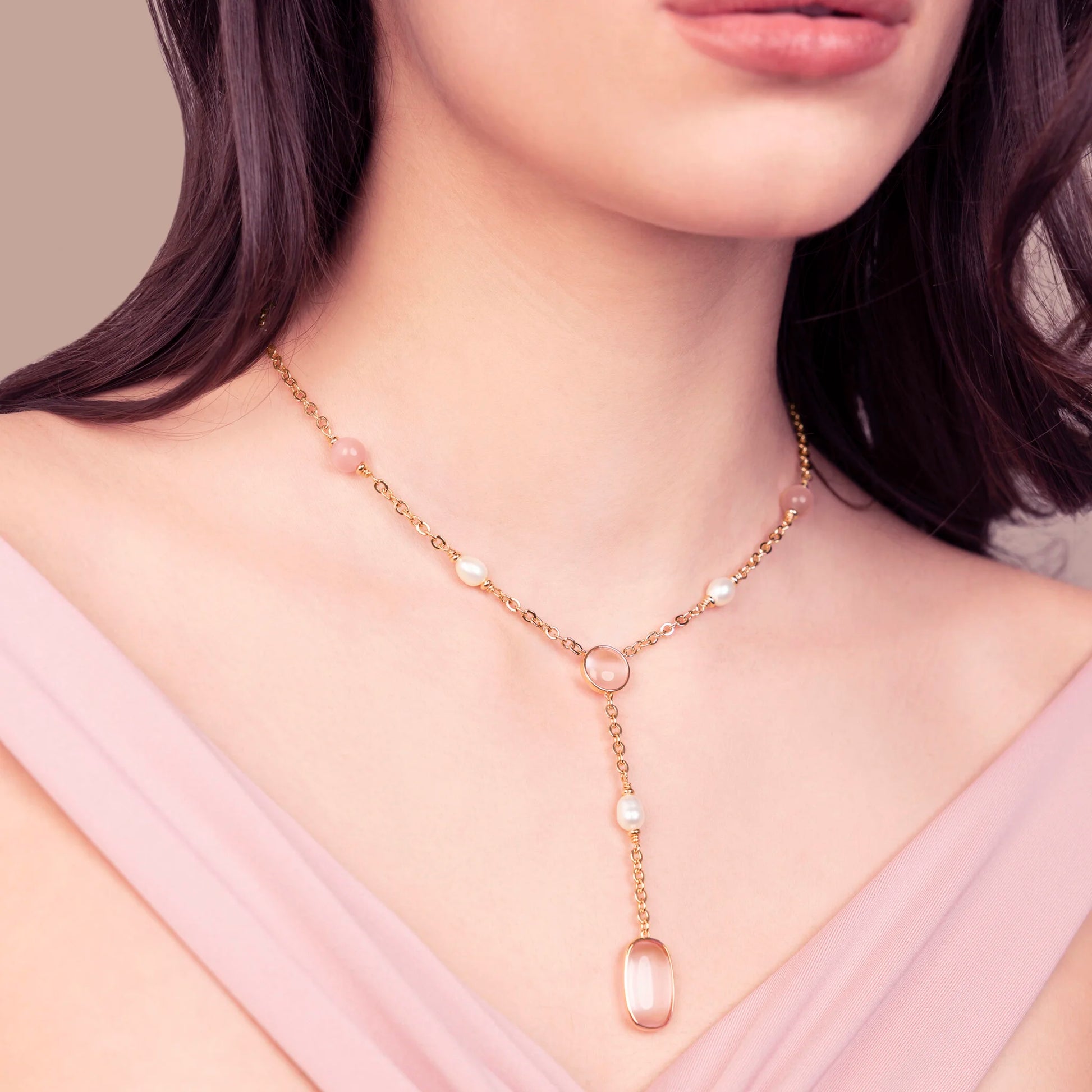 Collana a Cravatta con Pietre Effetto Occhio di Gatto e Perle d'Acqua Dolce