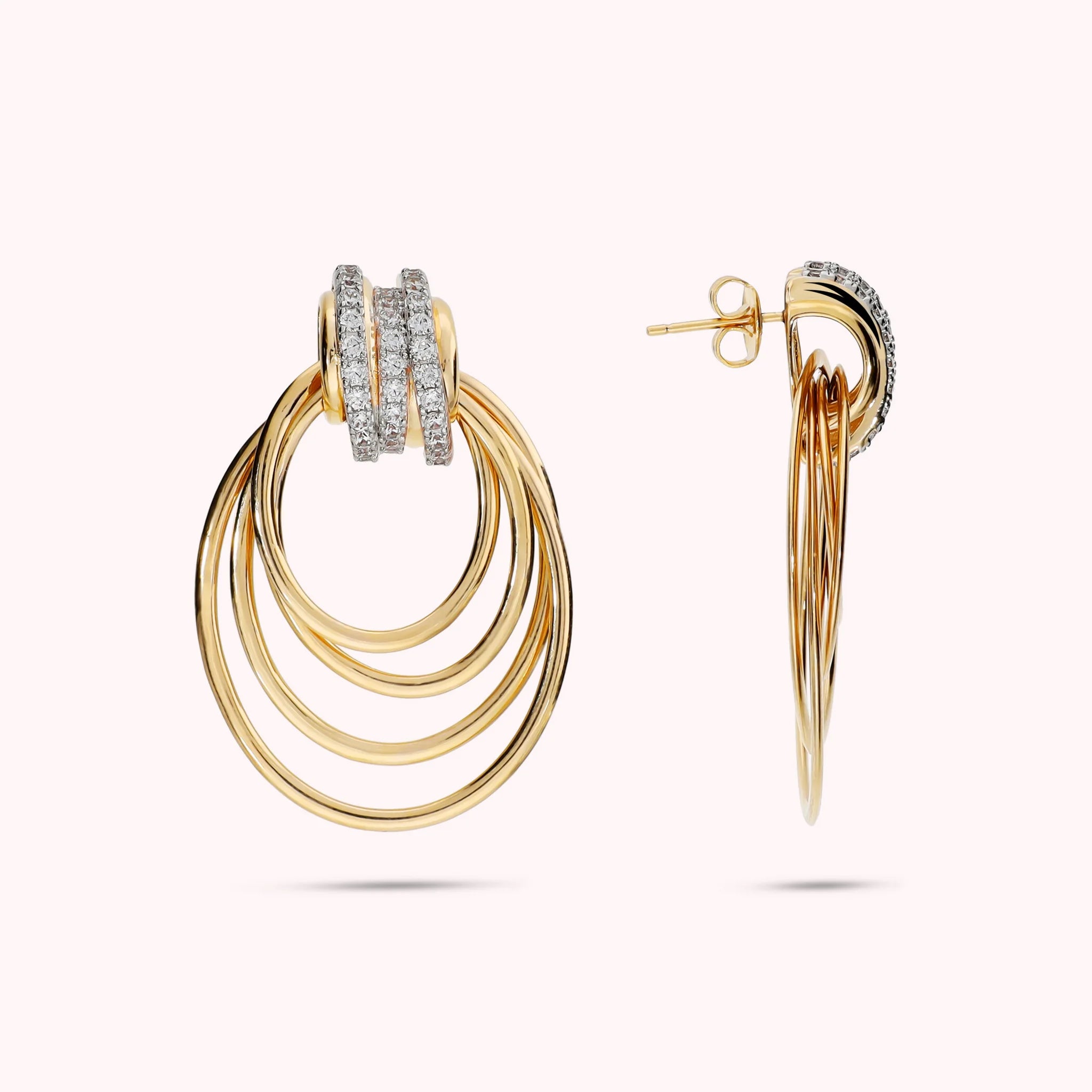 Degradé multi-strand drop earrings with cubic zirconia, plated with 18Kt gold
