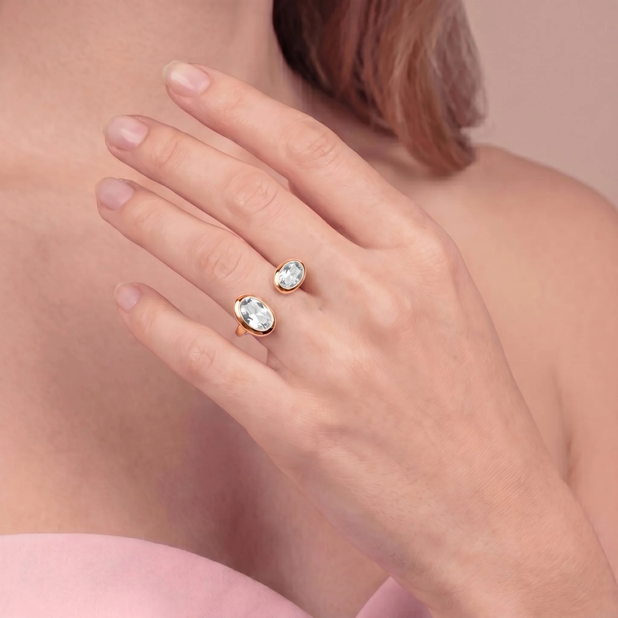 Contrarié 'Toi Et Moi' ring with double cubic zirconia, plated with 18Kt gold