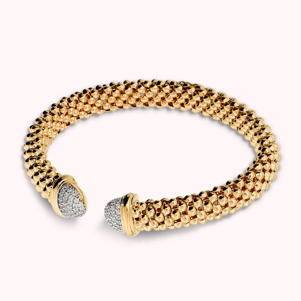 Open semi-rigid popcorn mesh bracelet with cubic zirconia pavé ends