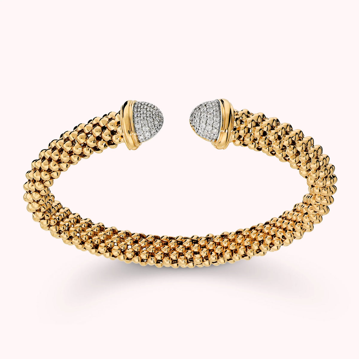 Open semi-rigid popcorn mesh bracelet with cubic zirconia pavé ends