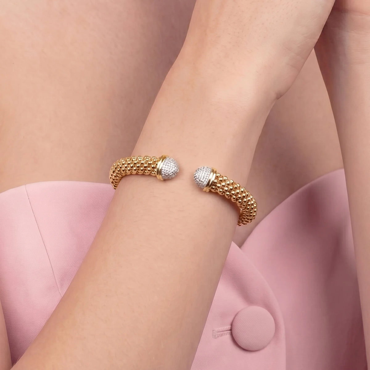 Open semi-rigid popcorn mesh bracelet with cubic zirconia pavé ends