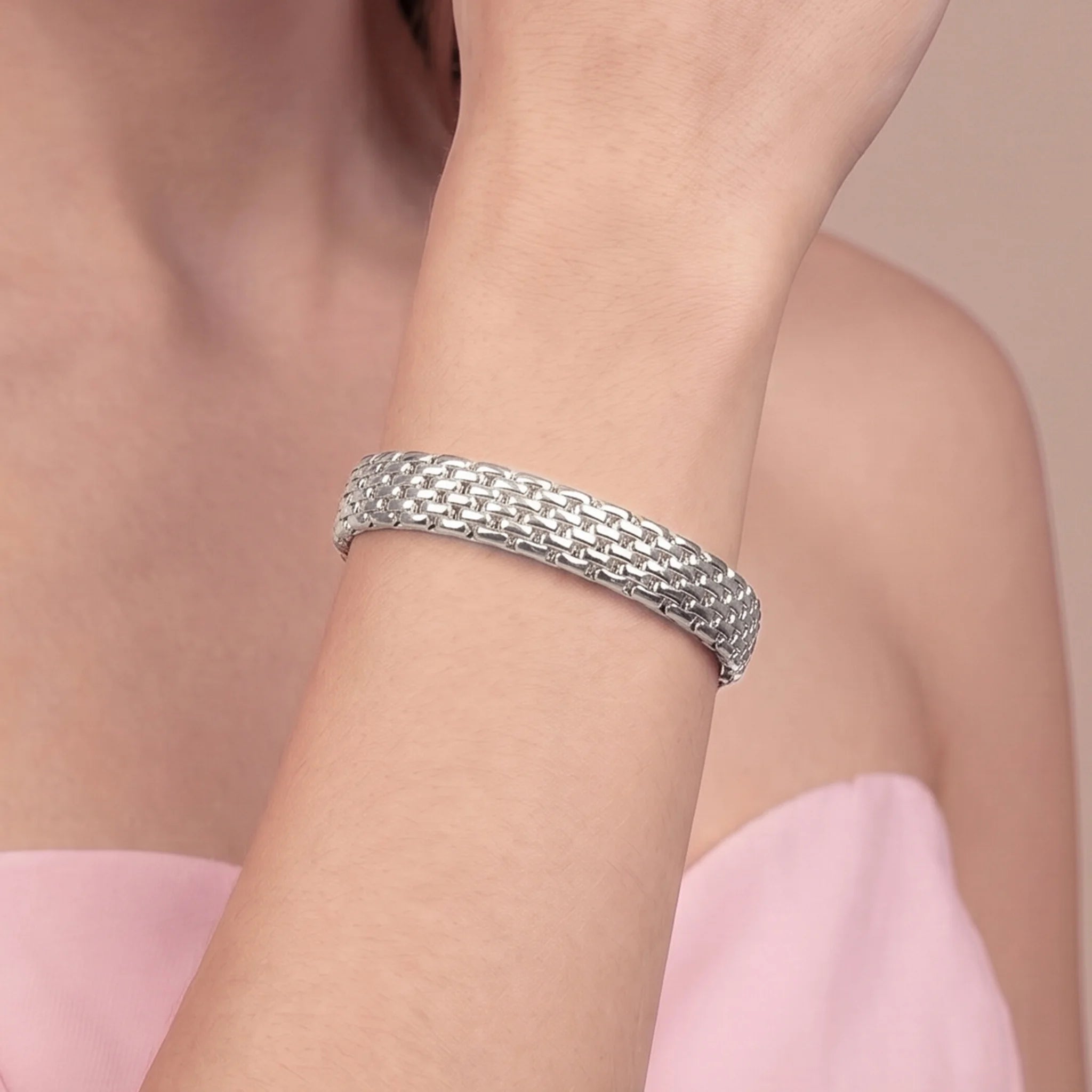 Tubular elastic mesh bracelet, 18Kt gold-plated