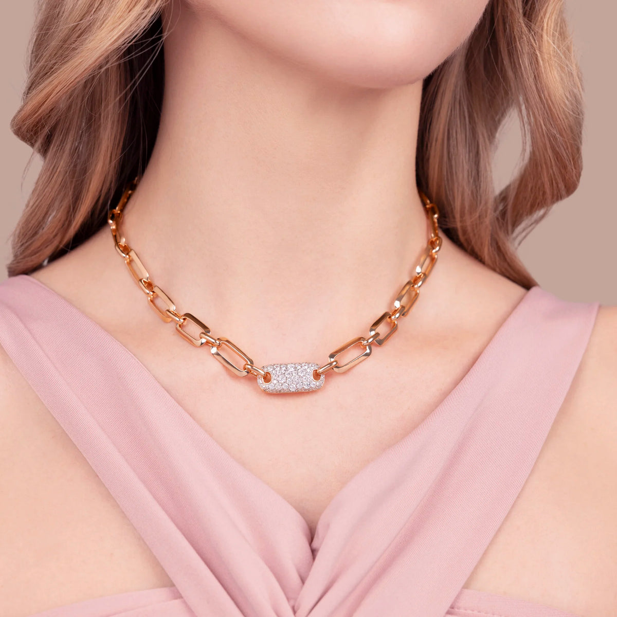Collana Maglia Ovale Squadrata con Pavé di Cubic Zirconia
