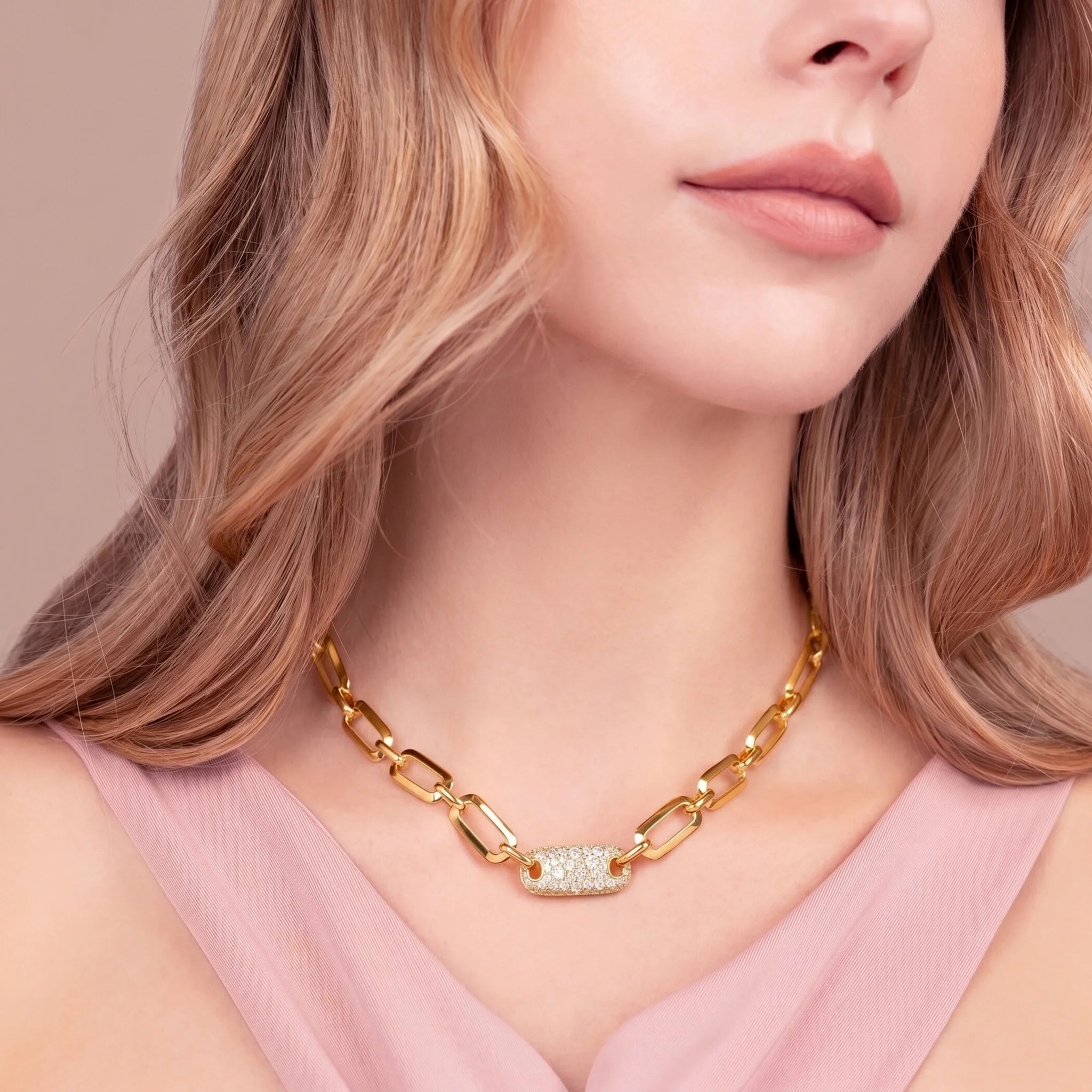 Necklace with Squared Oval Chain and Cubic Zirconia Pavé