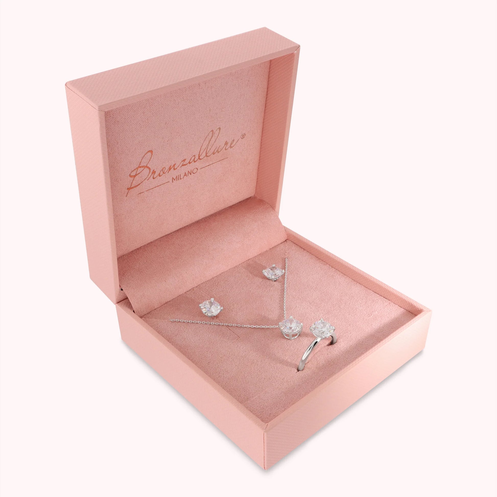 Set Glow Collana + Orecchini + Anello Solitario con Punto Luce in Cubic Zirconia Bianca