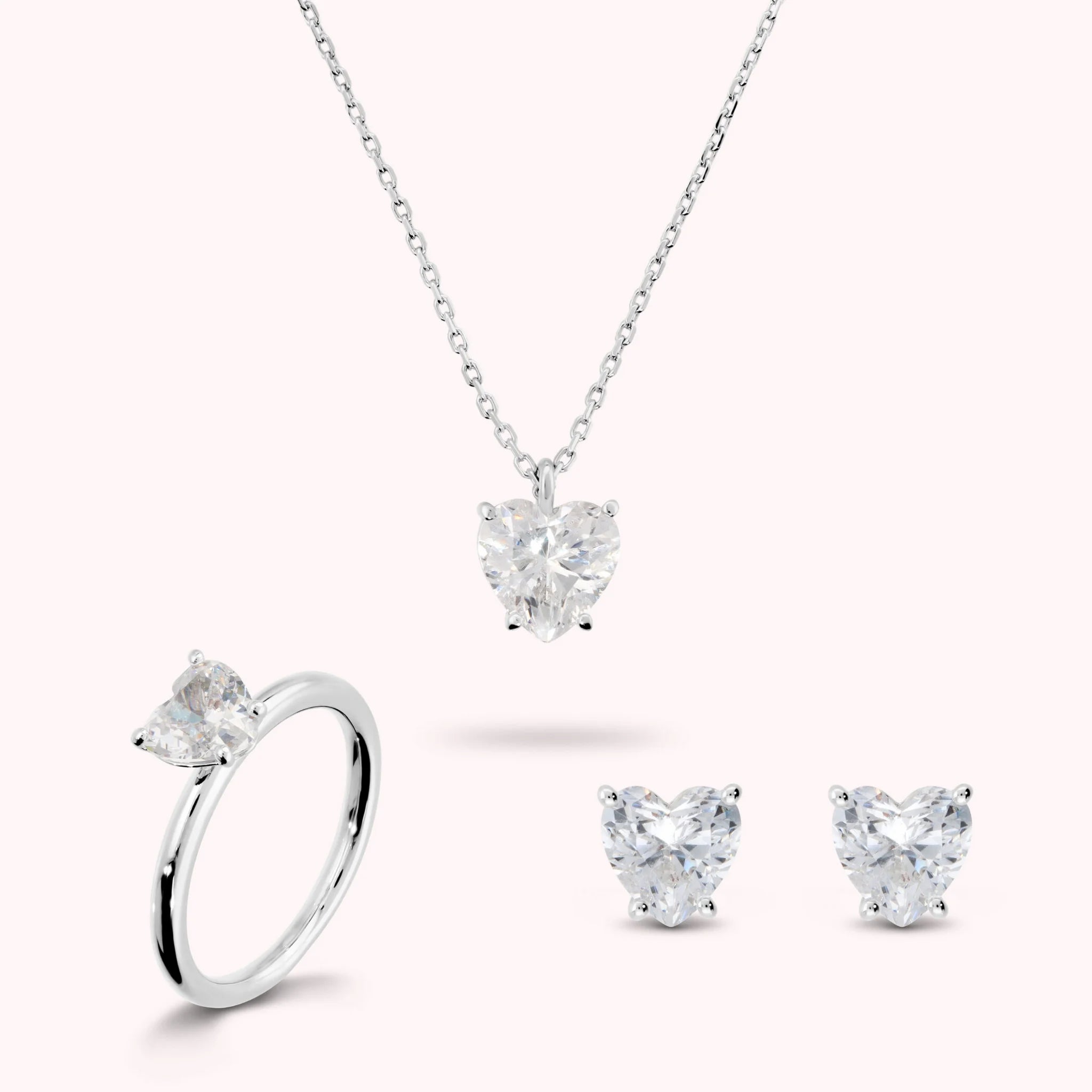 Set Glow Cuore Bianco Collana + Orecchini + Anello Solitario con Cubic Zirconia