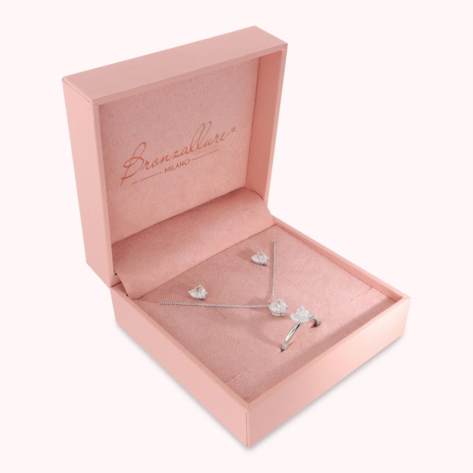 Set Glow Cuore Bianco Collana + Orecchini + Anello Solitario con Cubic Zirconia