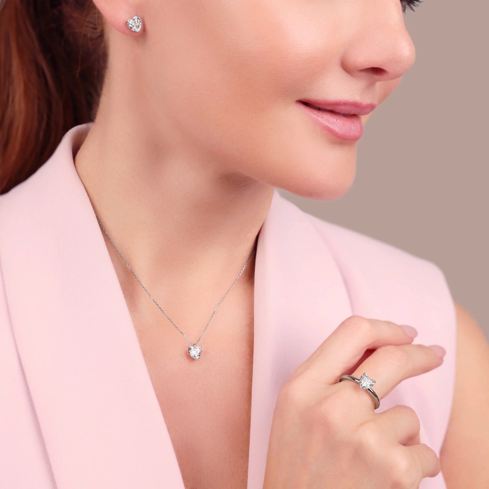 Set Glow Cuore Bianco Collana + Orecchini + Anello Solitario con Cubic Zirconia