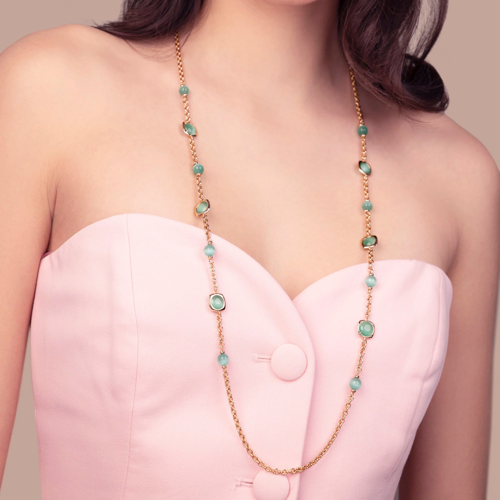 Collana Lunga Maglia Rolo e Pietre Effetto Occhio di Gatto