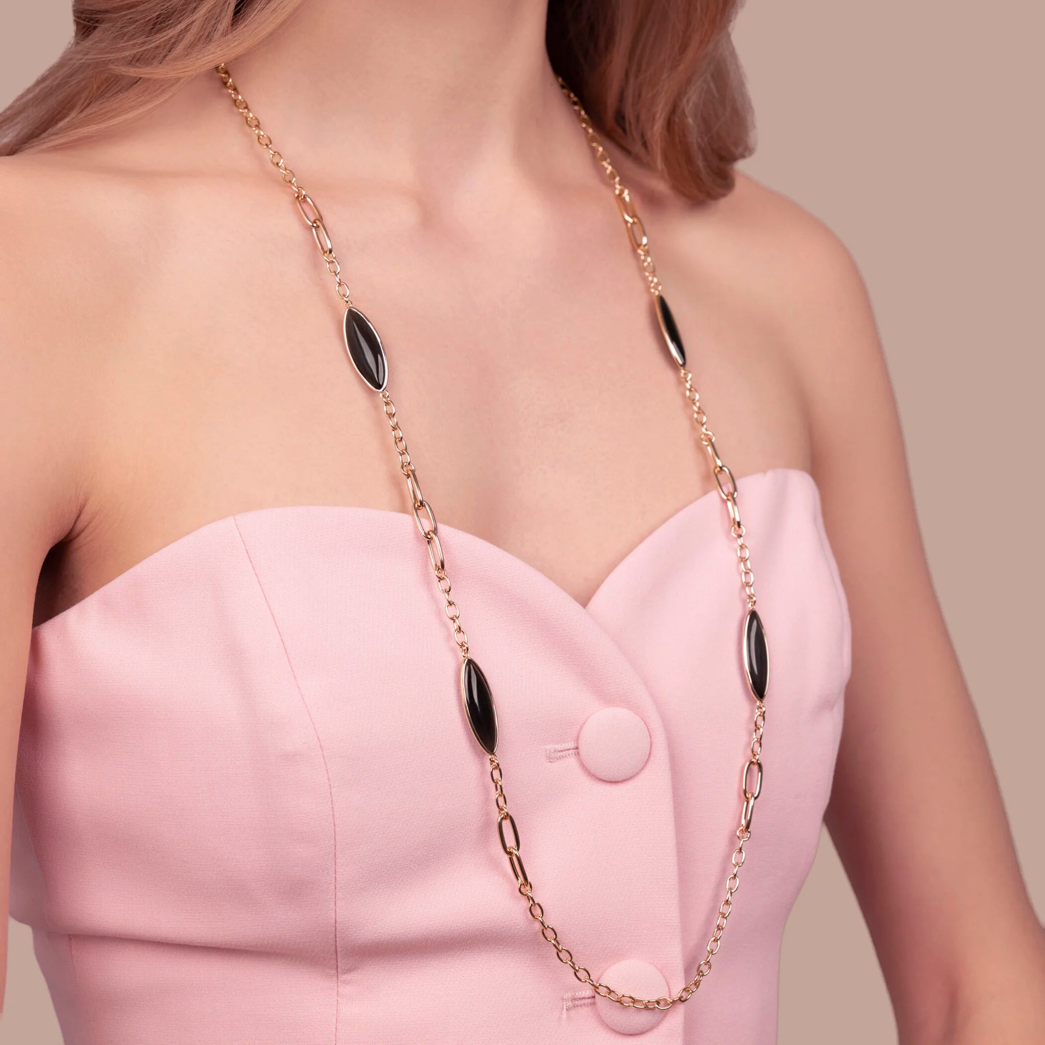 Collana Lunga Maglie Alternate e Pietre Effetto Occhio di Gatto