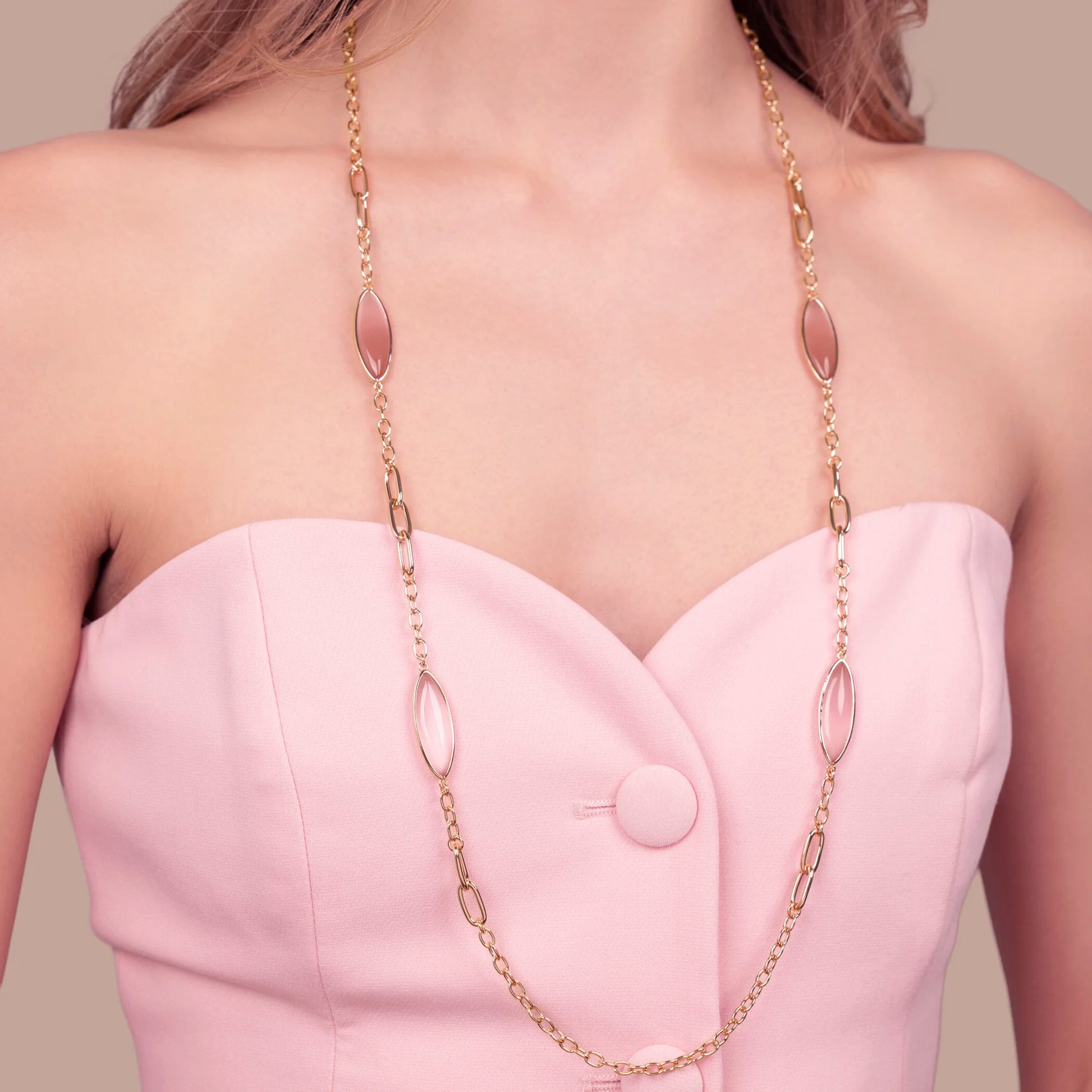 Collana Lunga Maglie Alternate e Pietre Effetto Occhio di Gatto