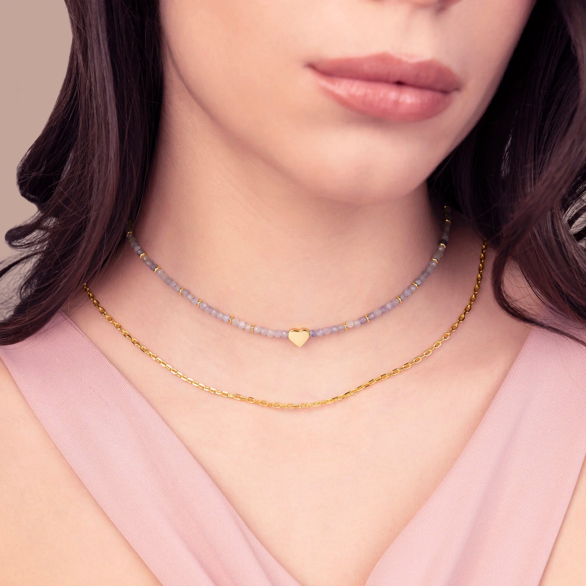 Collana Doppia Scorrevole con Cuore e Pietre Naturali di Quarzite