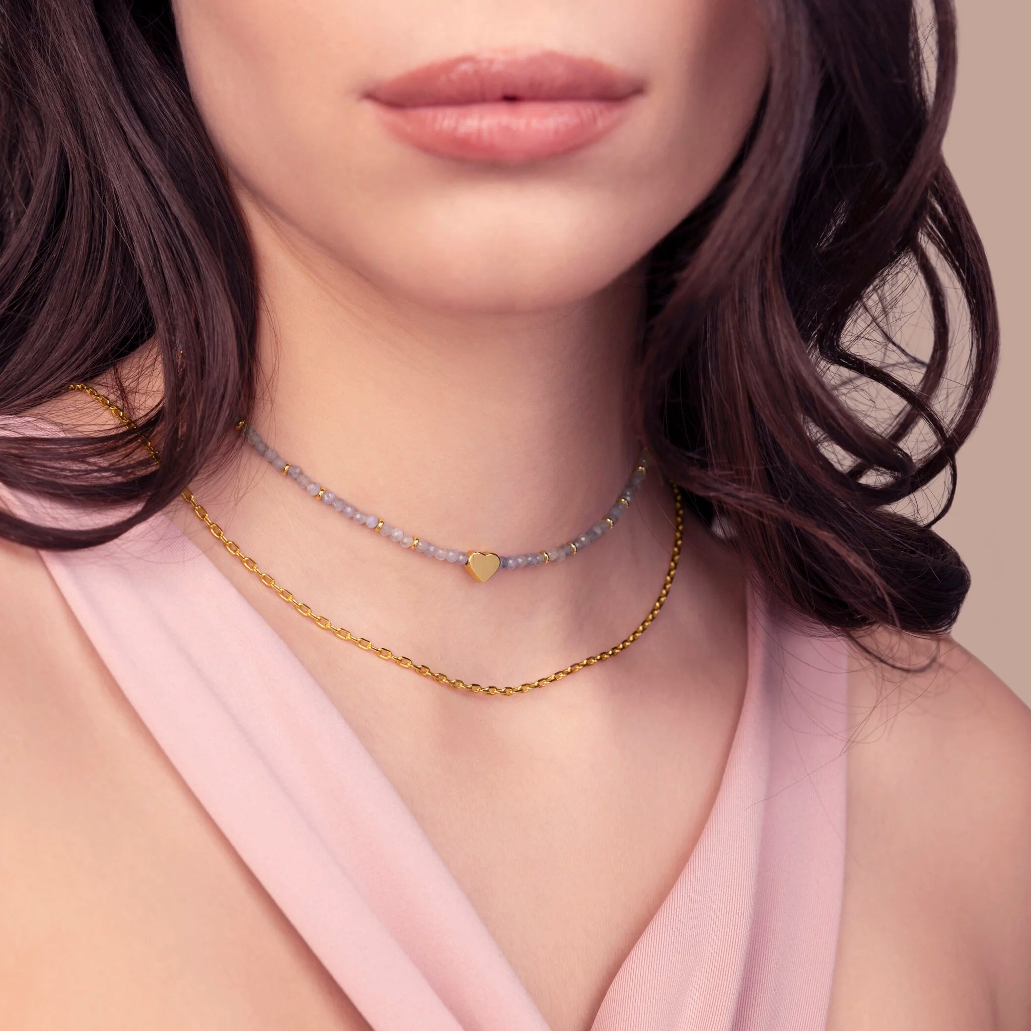Collana Doppia Scorrevole con Cuore e Pietre Naturali di Quarzite