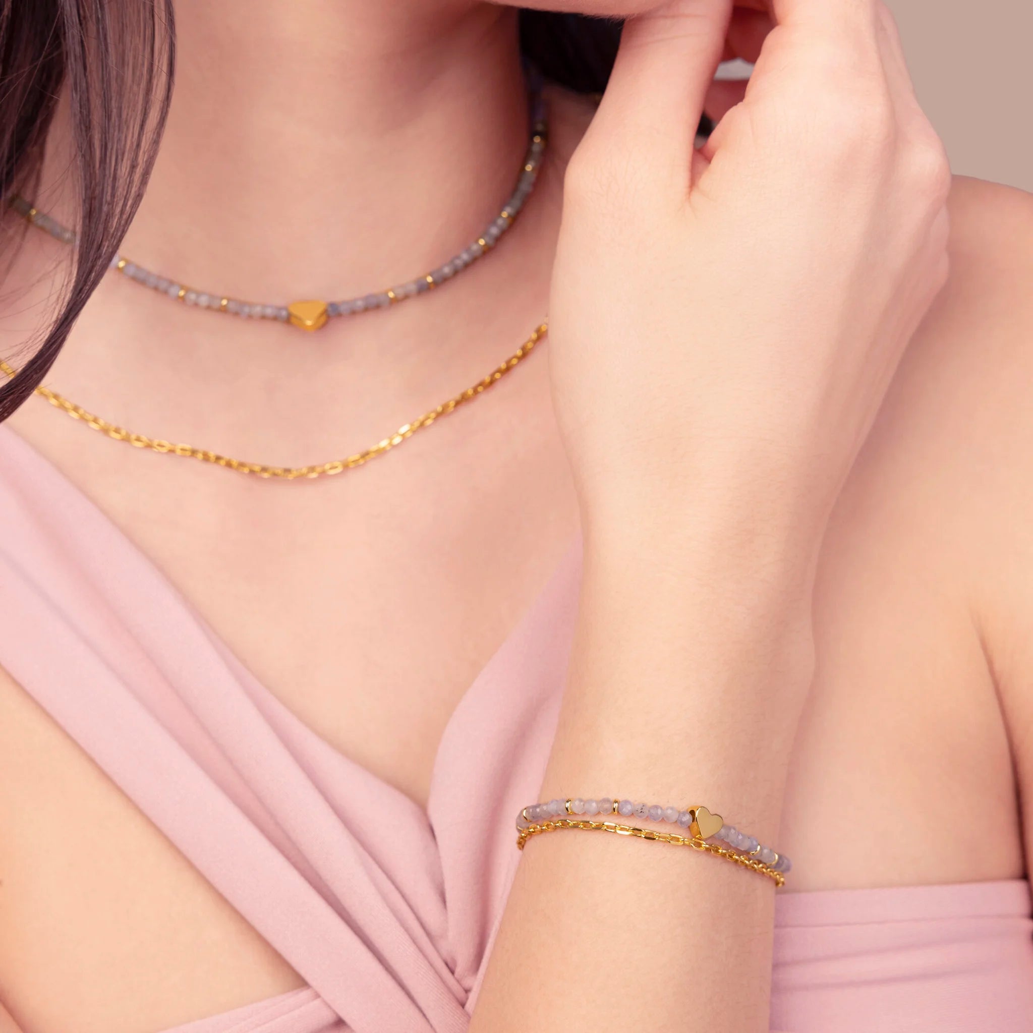 Bracciale Doppio con Cuore e Pietre Naturali di Quarzite