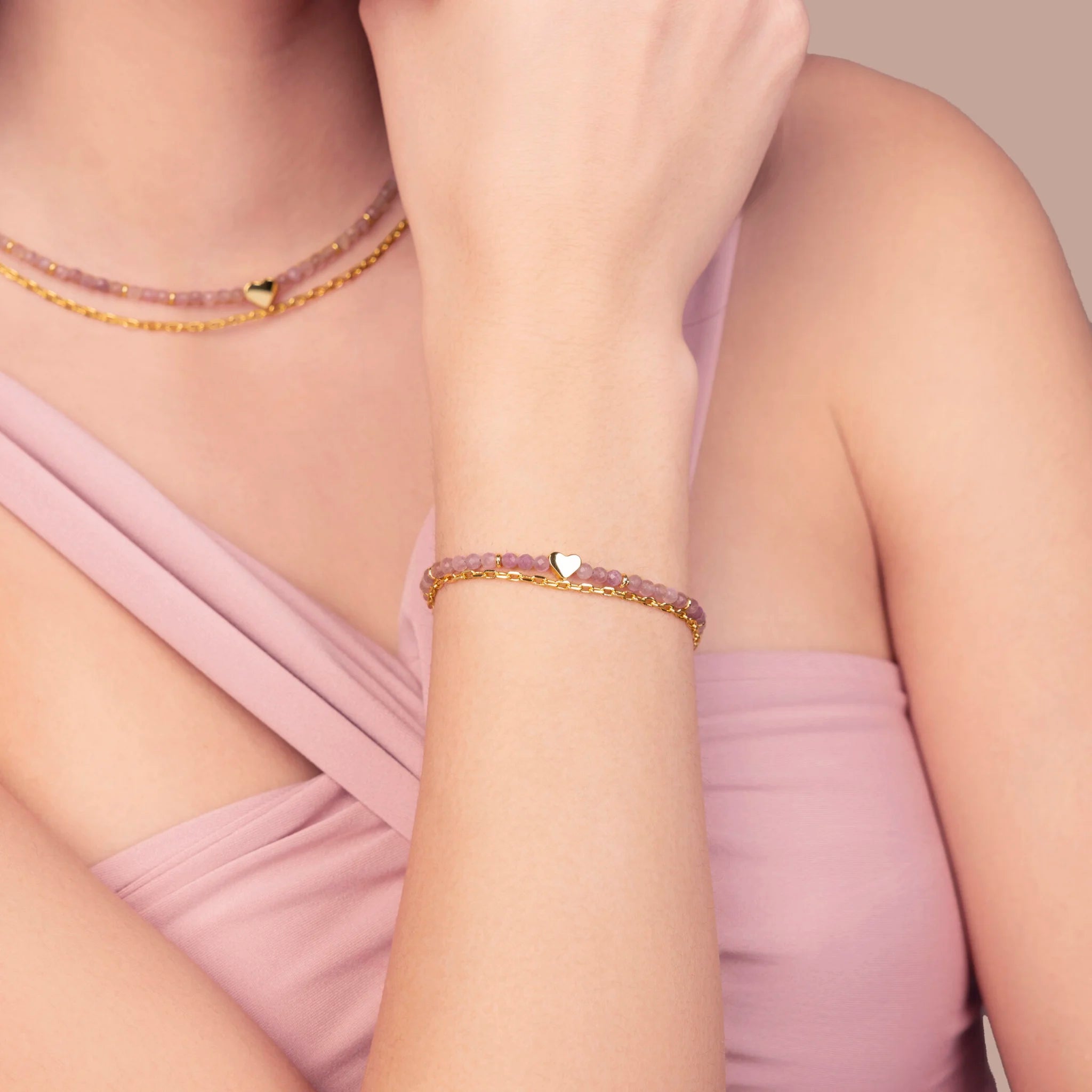 Bracciale Doppio con Cuore e Pietre Naturali di Quarzite