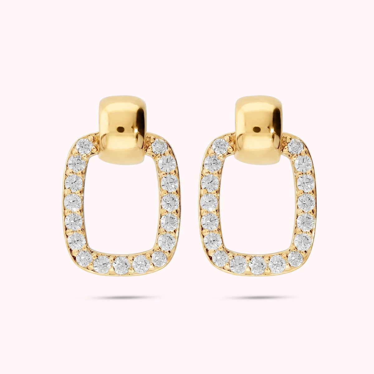 Rectangular drop earrings with cubic zirconia pavé, plated with 18Kt gold