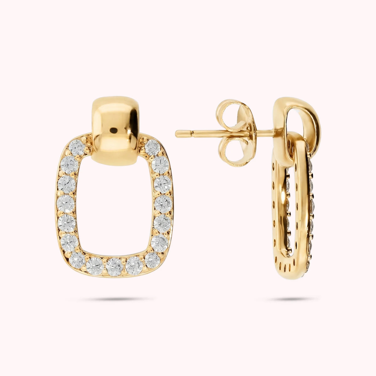 Rectangular drop earrings with cubic zirconia pavé, plated with 18Kt gold