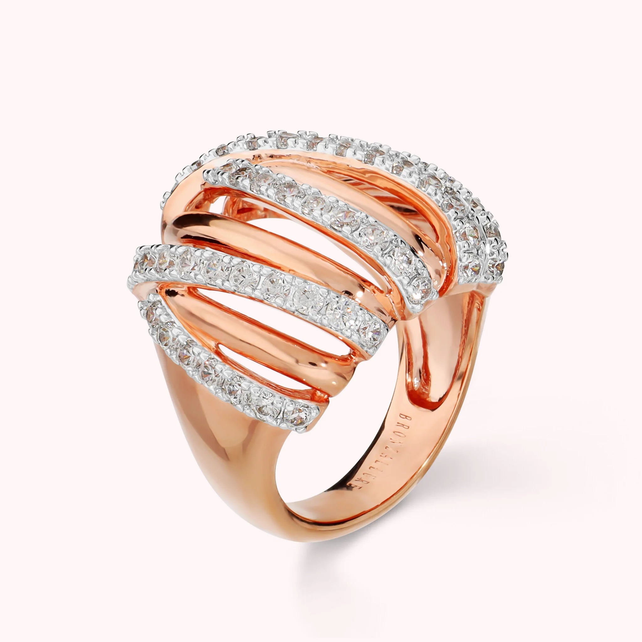 Braided multi-strand band ring with cubic zirconia, plated with 18Kt gold