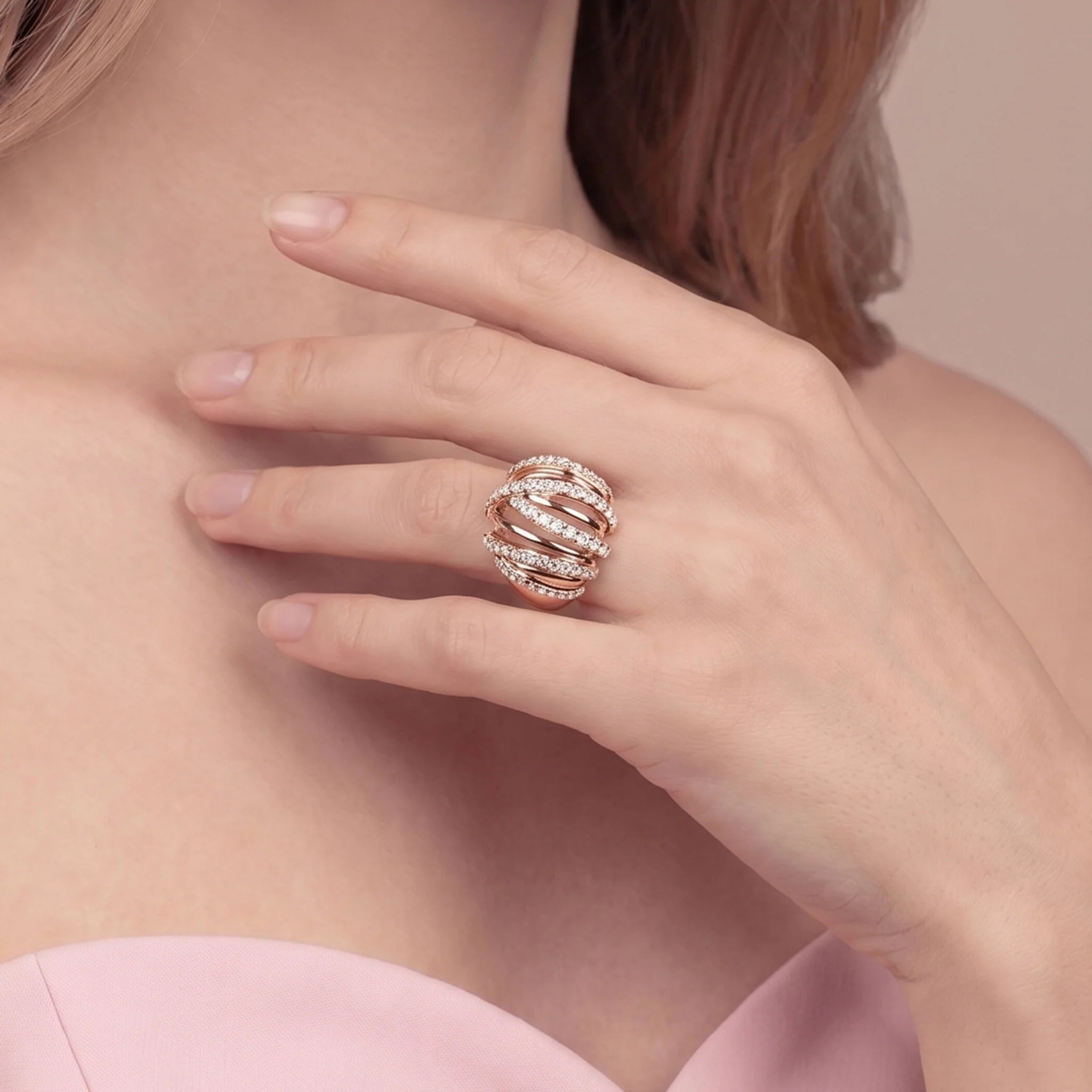 Braided multi-strand band ring with cubic zirconia, plated with 18Kt gold